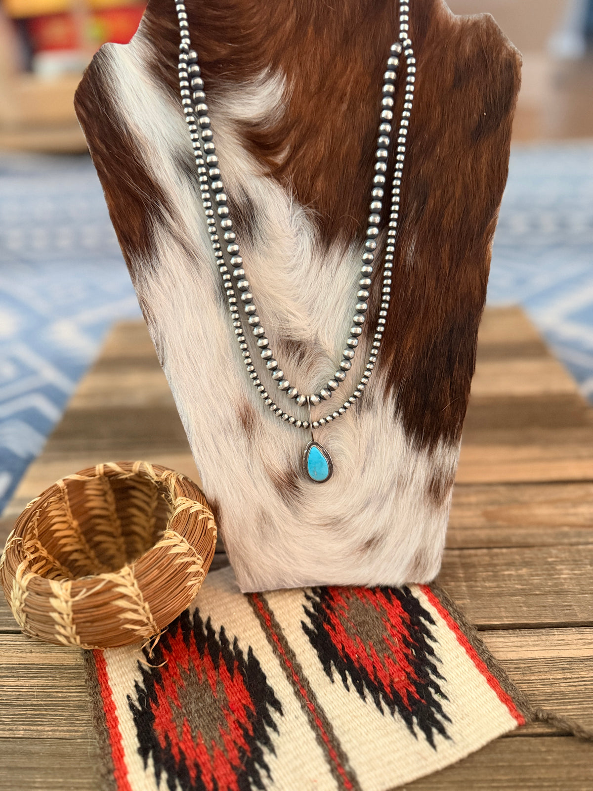 Handcrafted Turquoise & Sterling Silver Pearl 24" Beaded Necklace