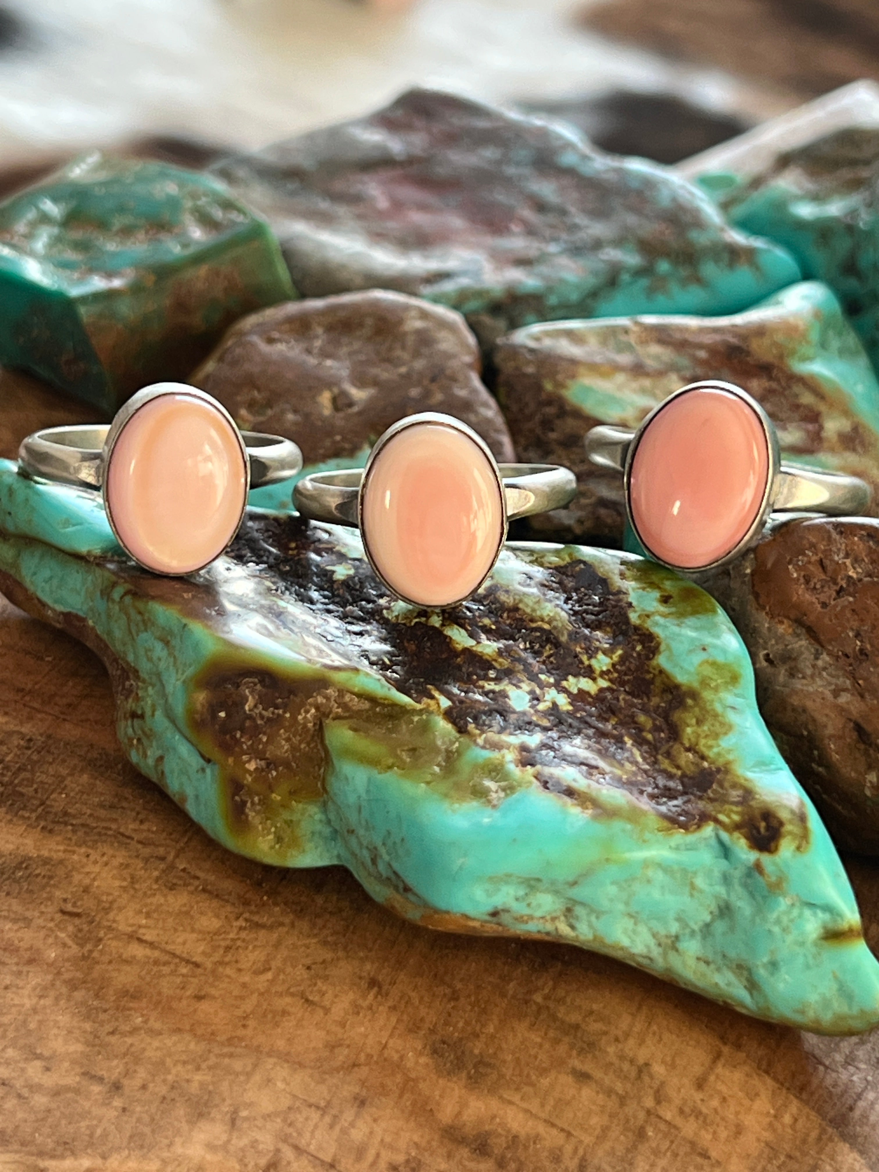 Handcrafted Sterling Silver and Oval Pink Conch Stacker Ring, Single Shank