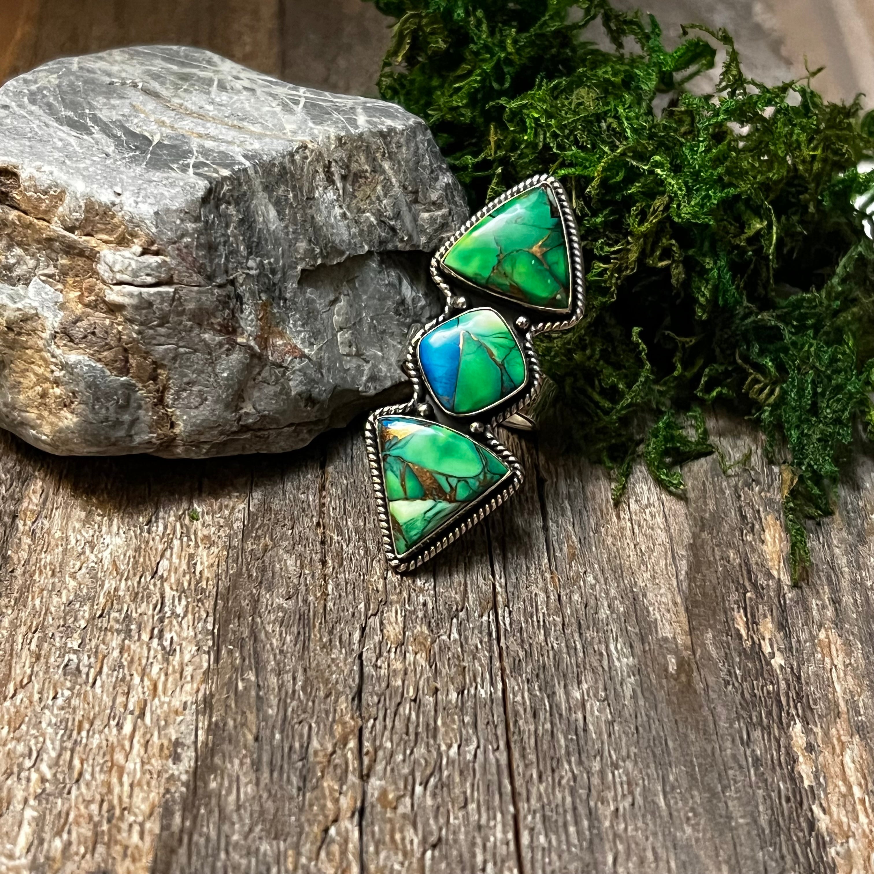 Handmade Sterling Silver Peacock Dahlia 3 Stone Ring