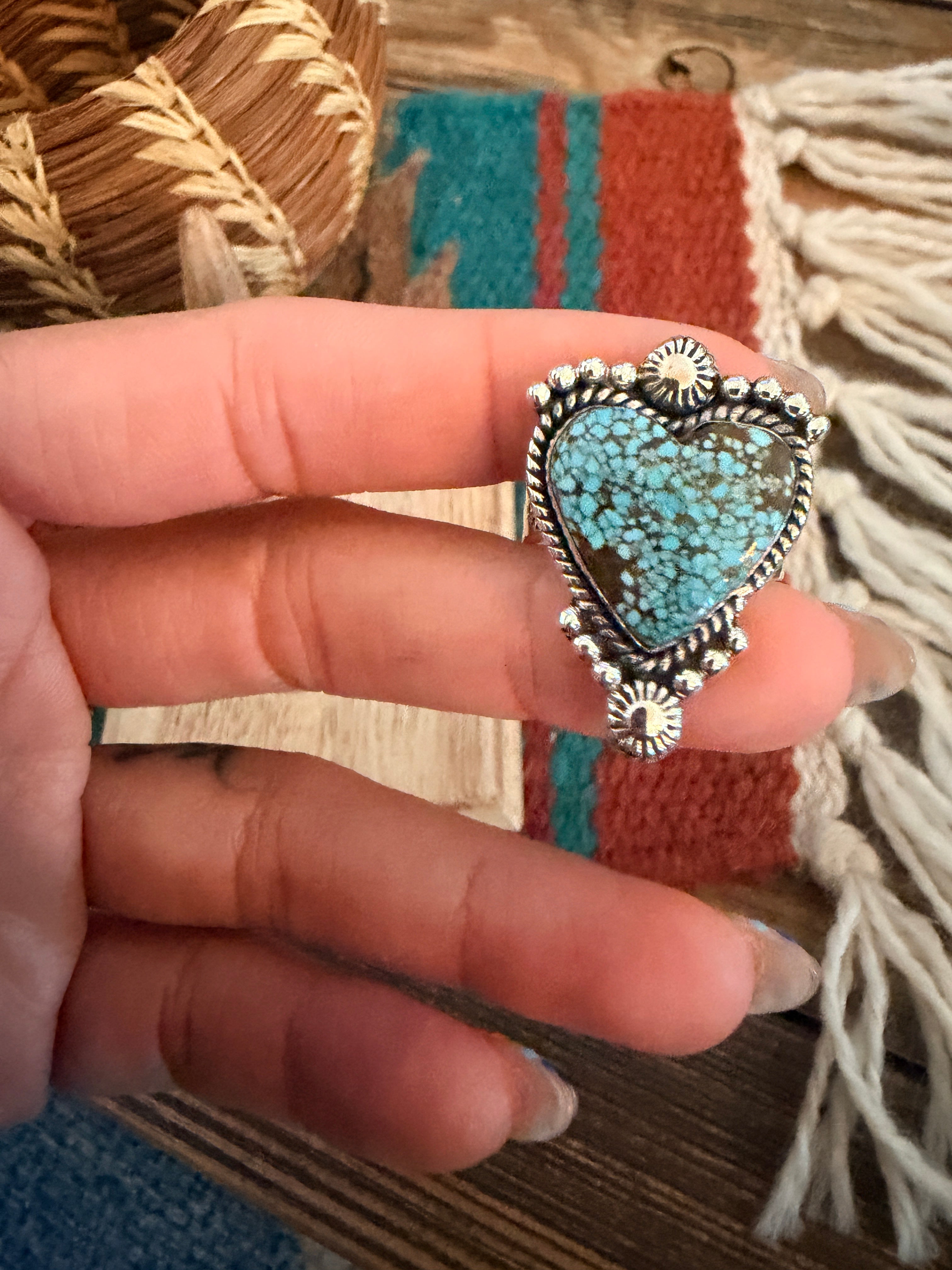 Handmade Sterling Silver Number 8 Turquoise Adjustable Heart Ring Signed Nizhoni