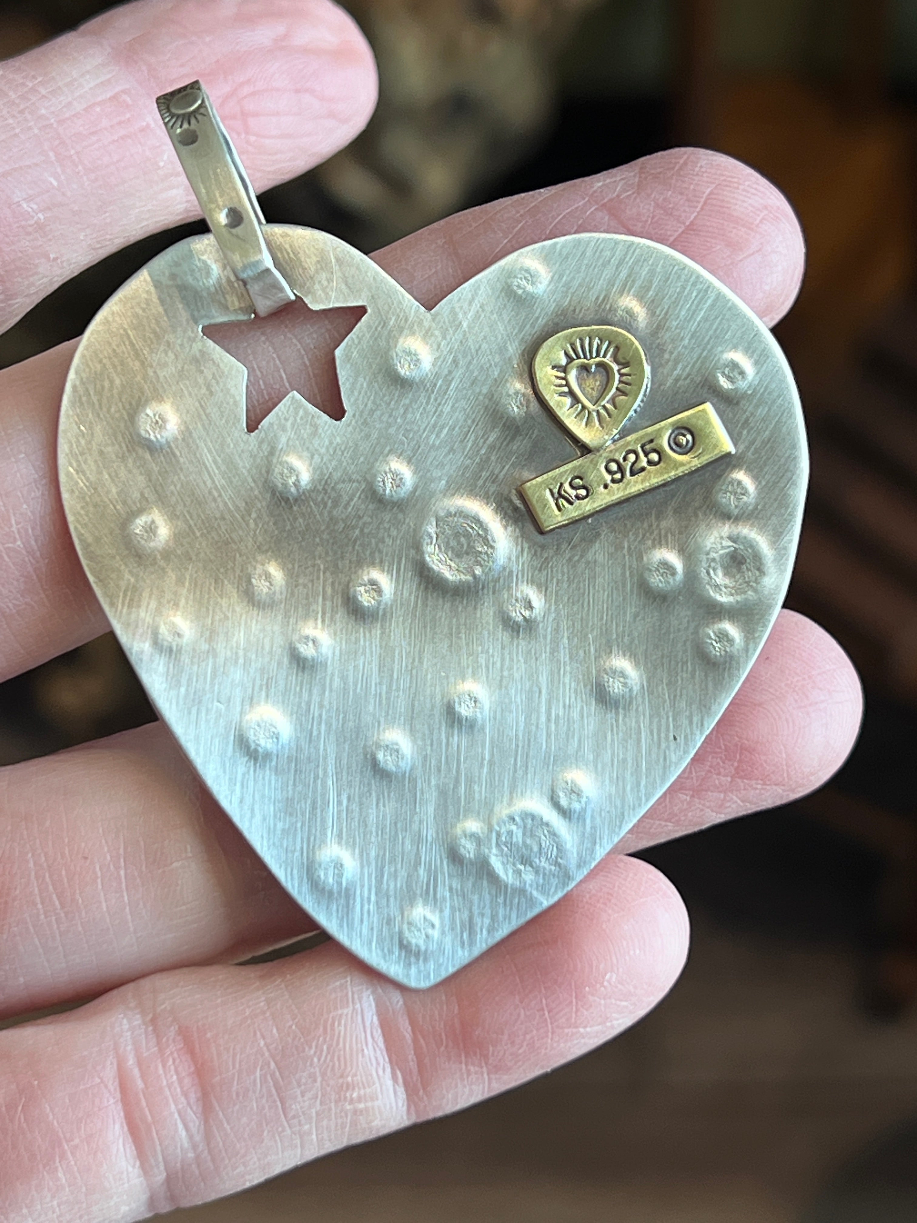 Kimari Somers Hand Stamped Sterling Silver, Copper & Brass ‘Star Crossed’ Heart Pendant