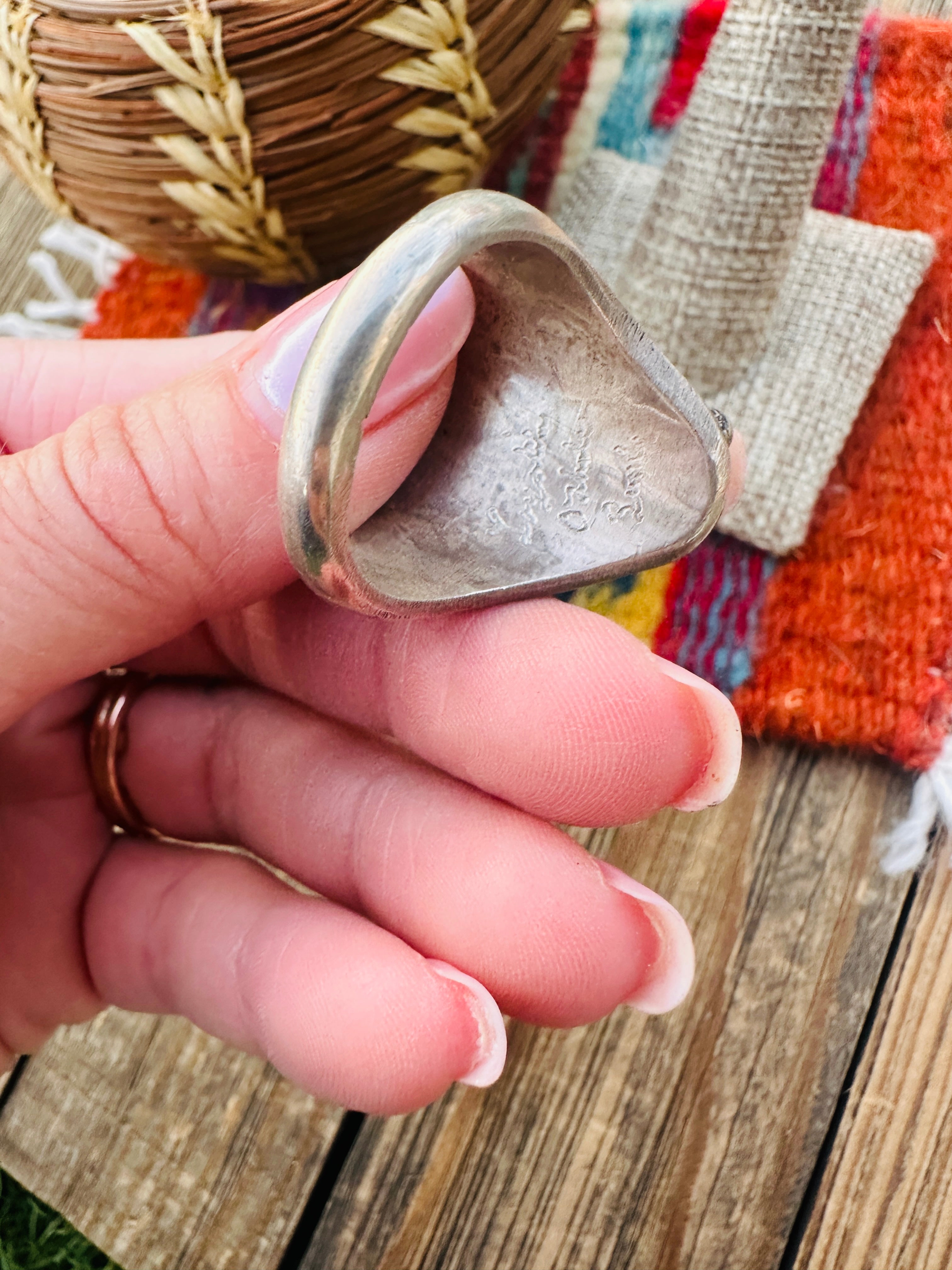 Old Pawn Handcrafted Turquoise, Coral & Sterling Silver Ring Size 12