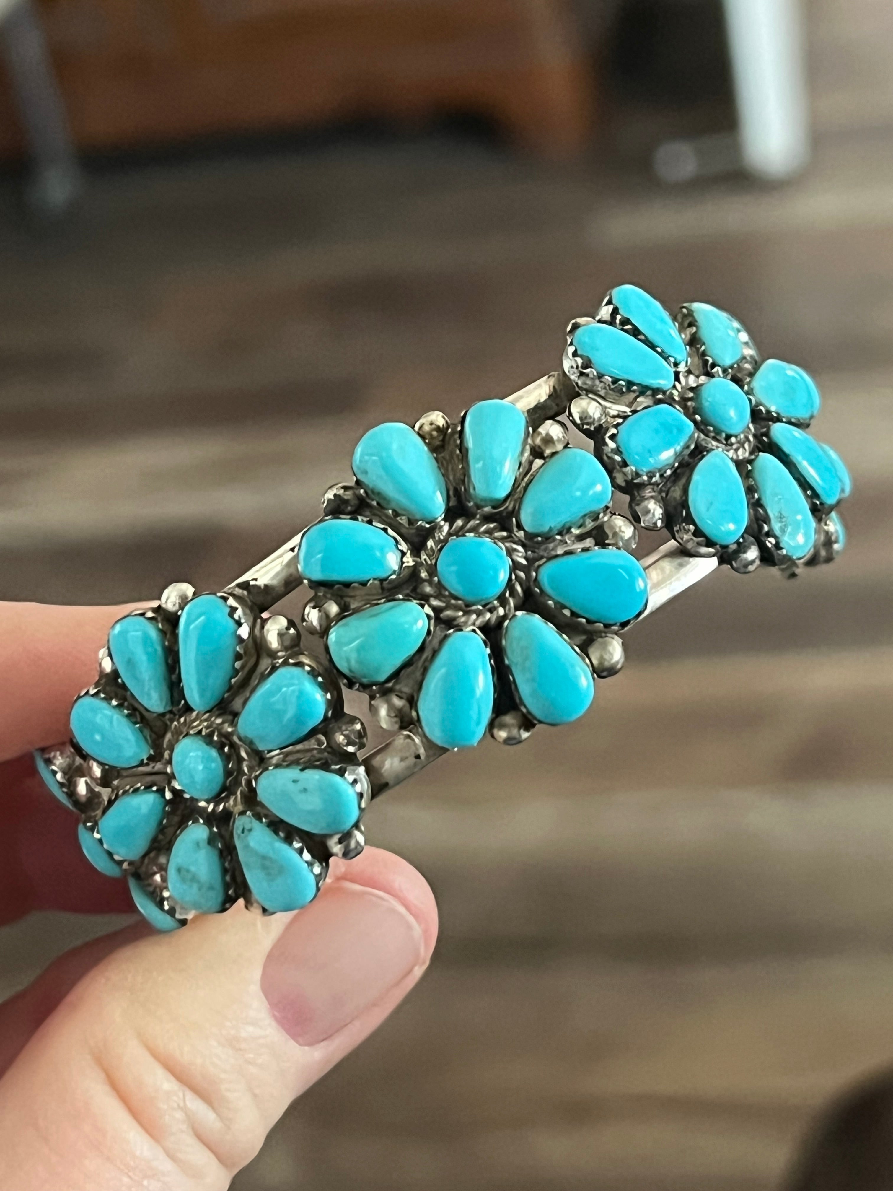 Handcrafted Old Pawn Sterling Silver and Mixed Turquoise Daisy Cluster Cuff Bracelet, Signed MA /