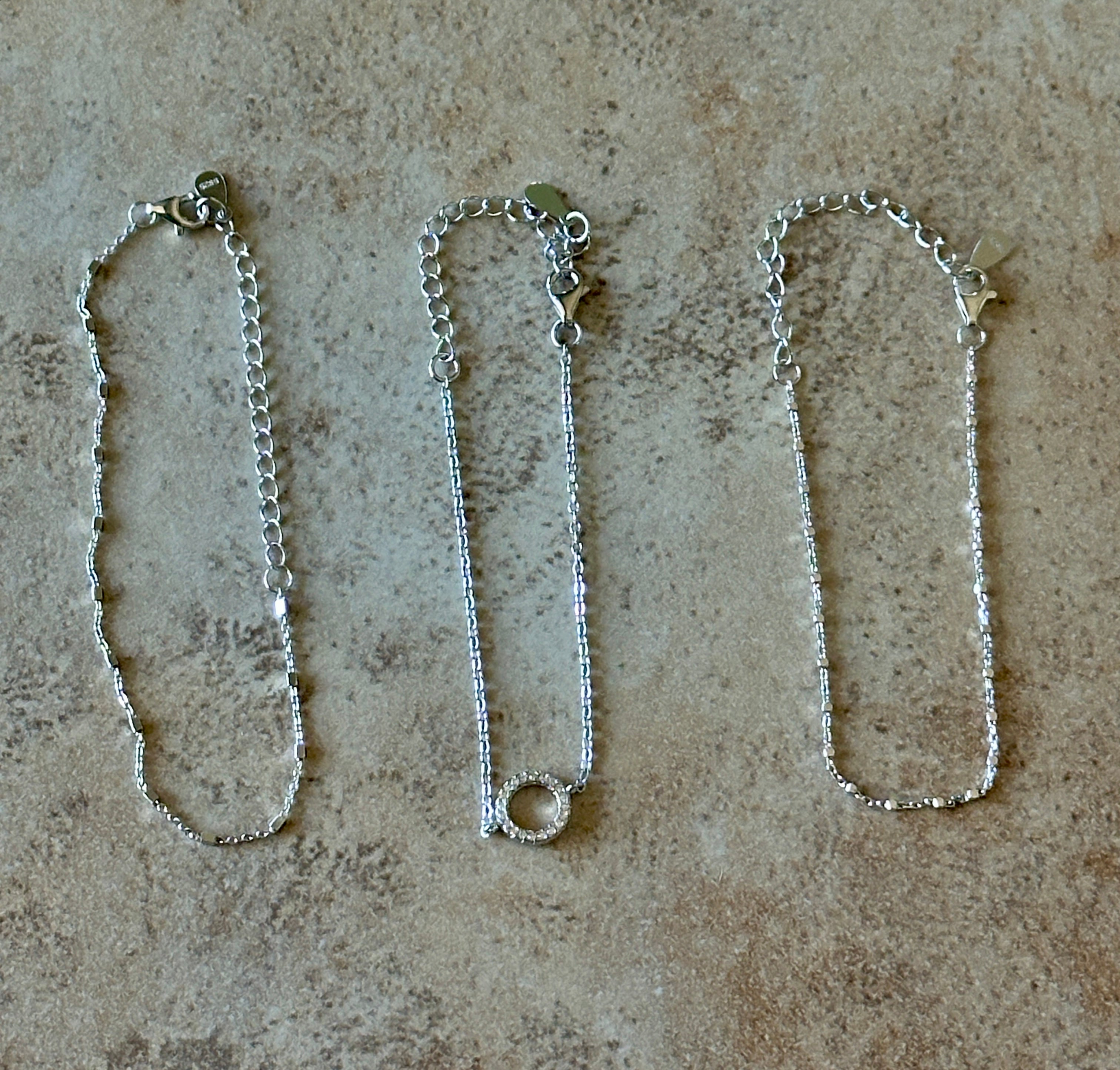 Sterling Silver CZ Circle & Chain Bracelet Set of 3
