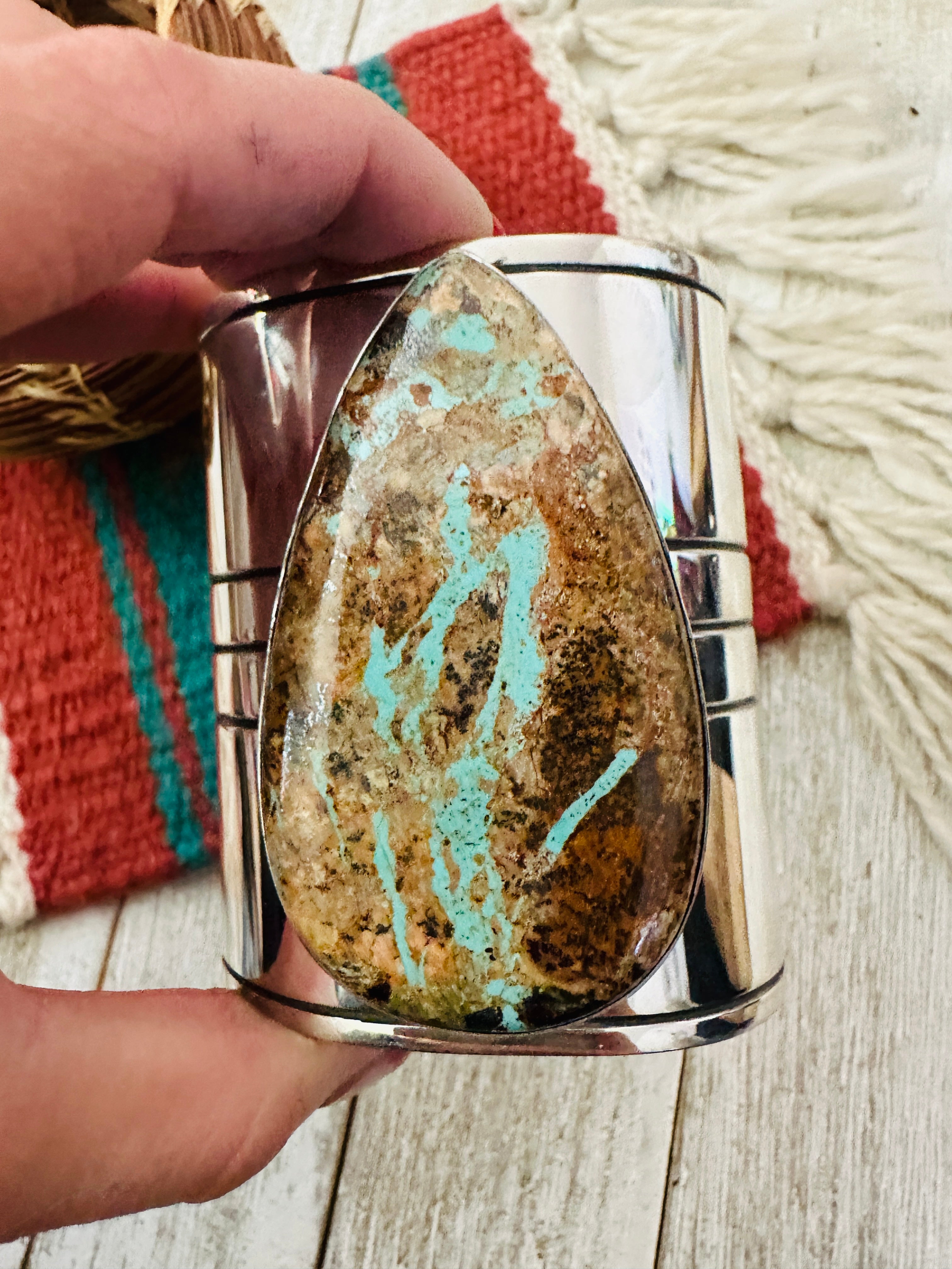 Handcrafted Sterling Silver & Ribbon Turquoise Cuff Bracelet by Ed Smith