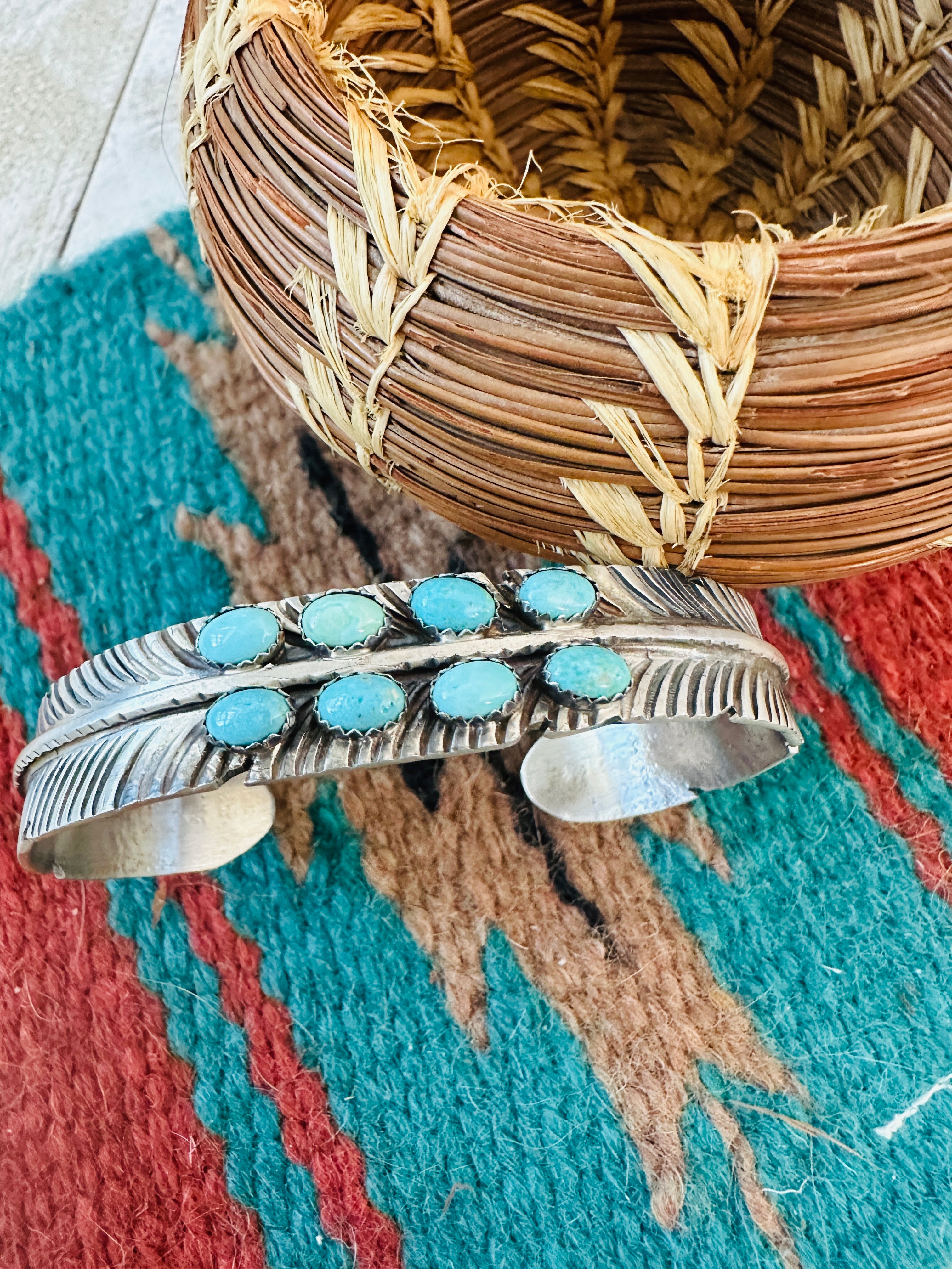 Handcrafted Turquoise & Sterling Silver Feather Cuff Bracelet /