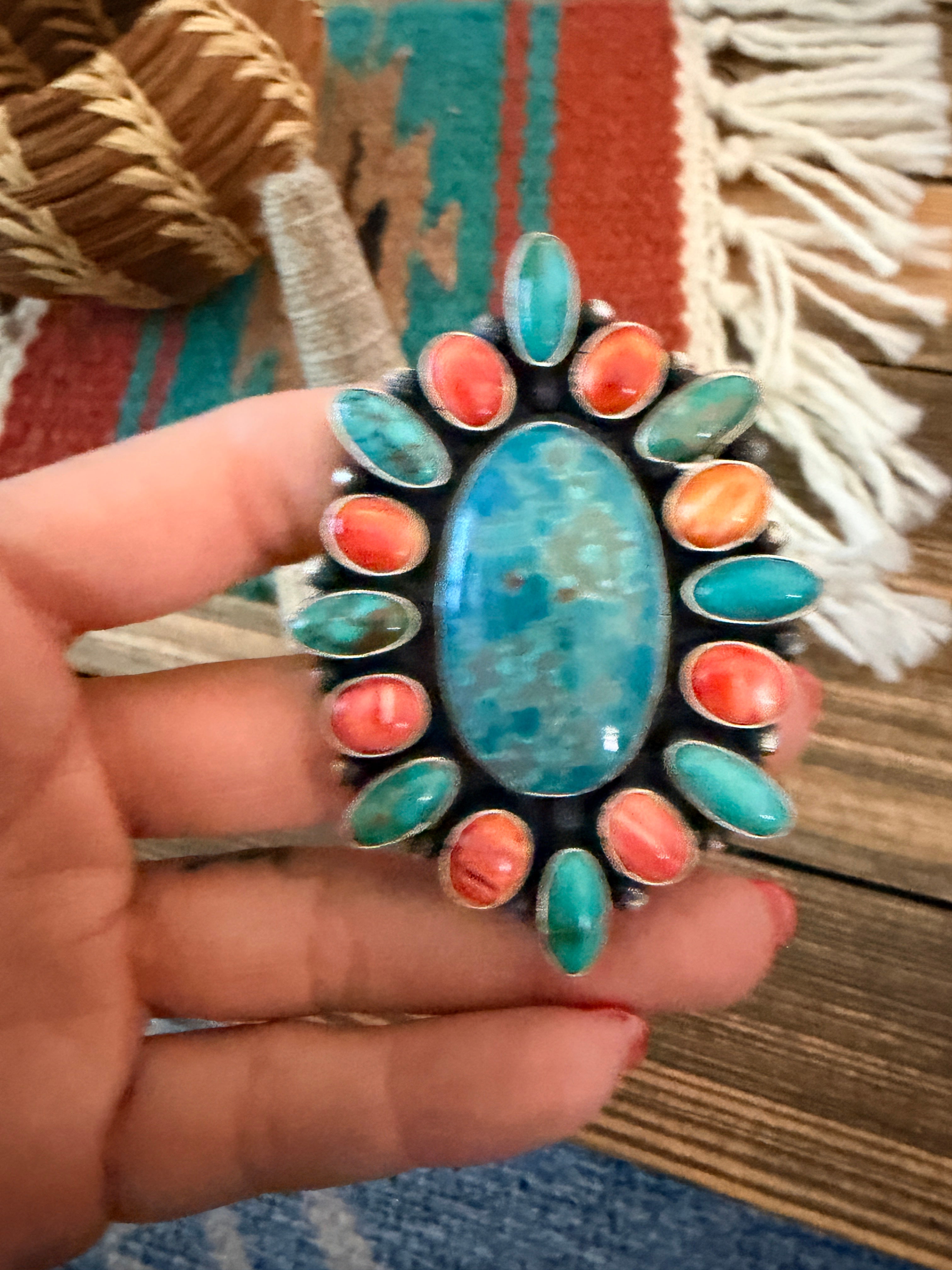 Handcrafted Spiny Oyster, Turquoise & Sterling Silver Cluster Ring by Sheila Becenti Size 11