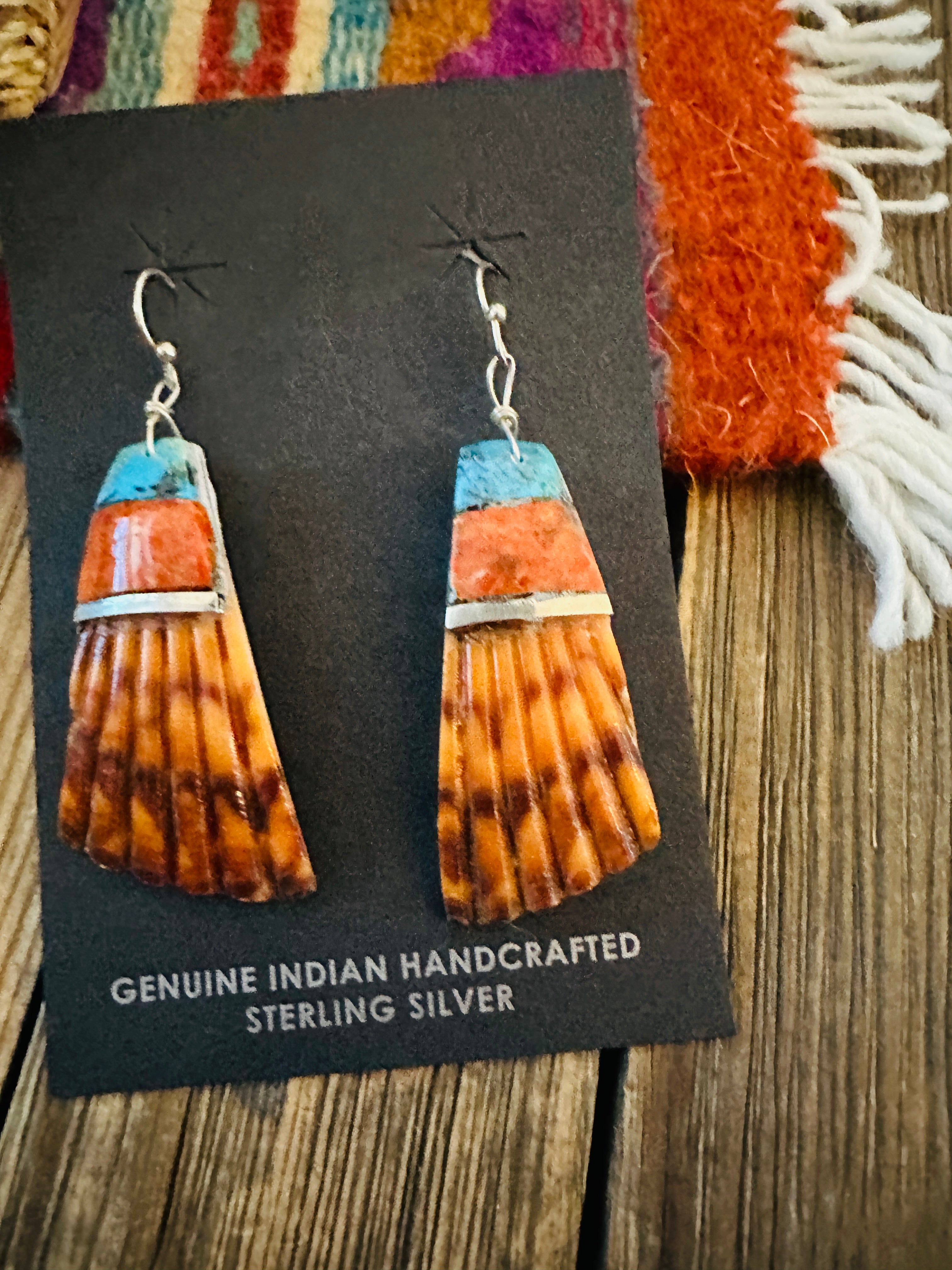 Handcrafted Multi Stone Inlay & Shell Dangle Earrings