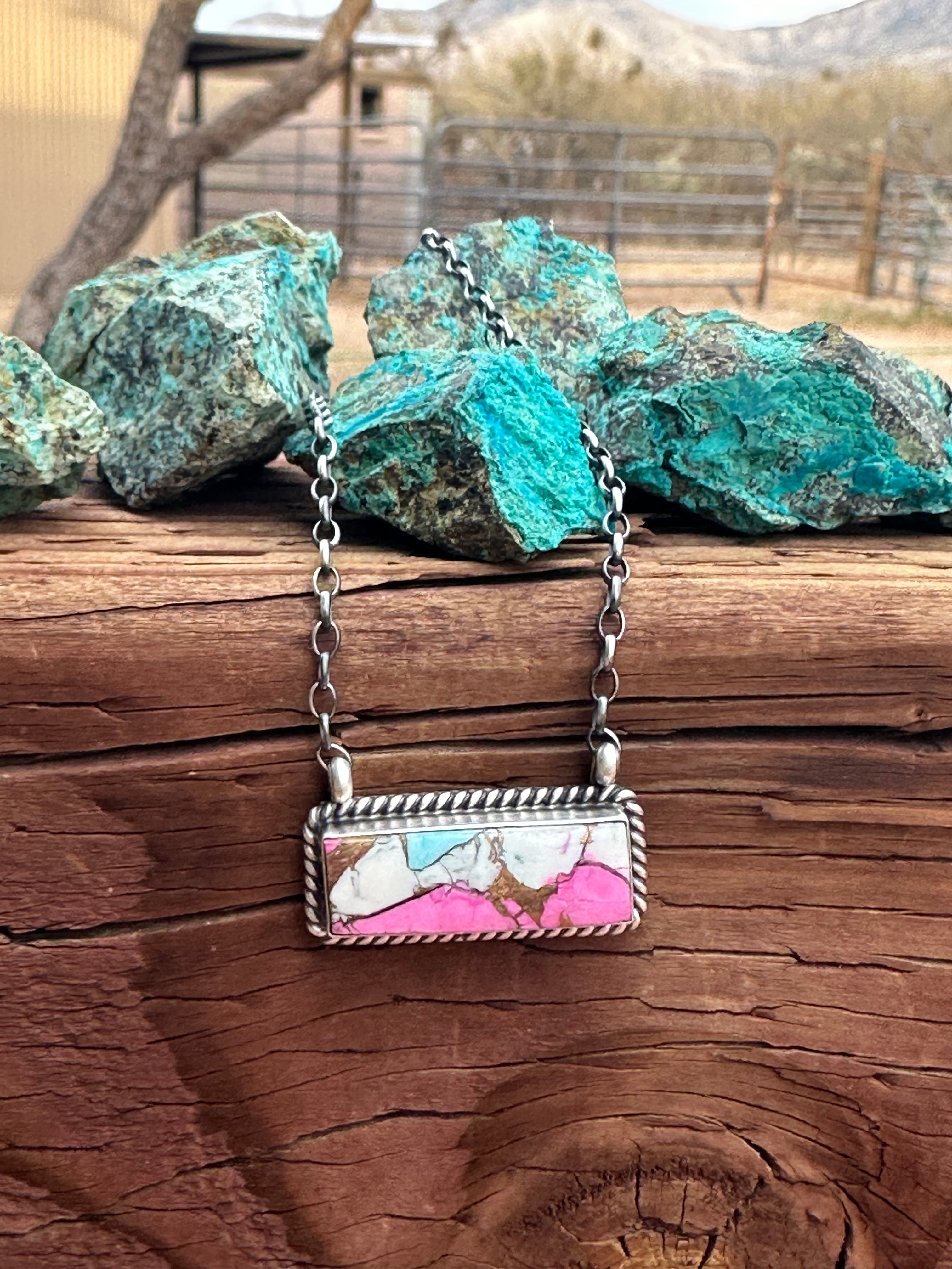 Handcrafted Cotton Candy Sterling Silver Handmade Bar Necklace