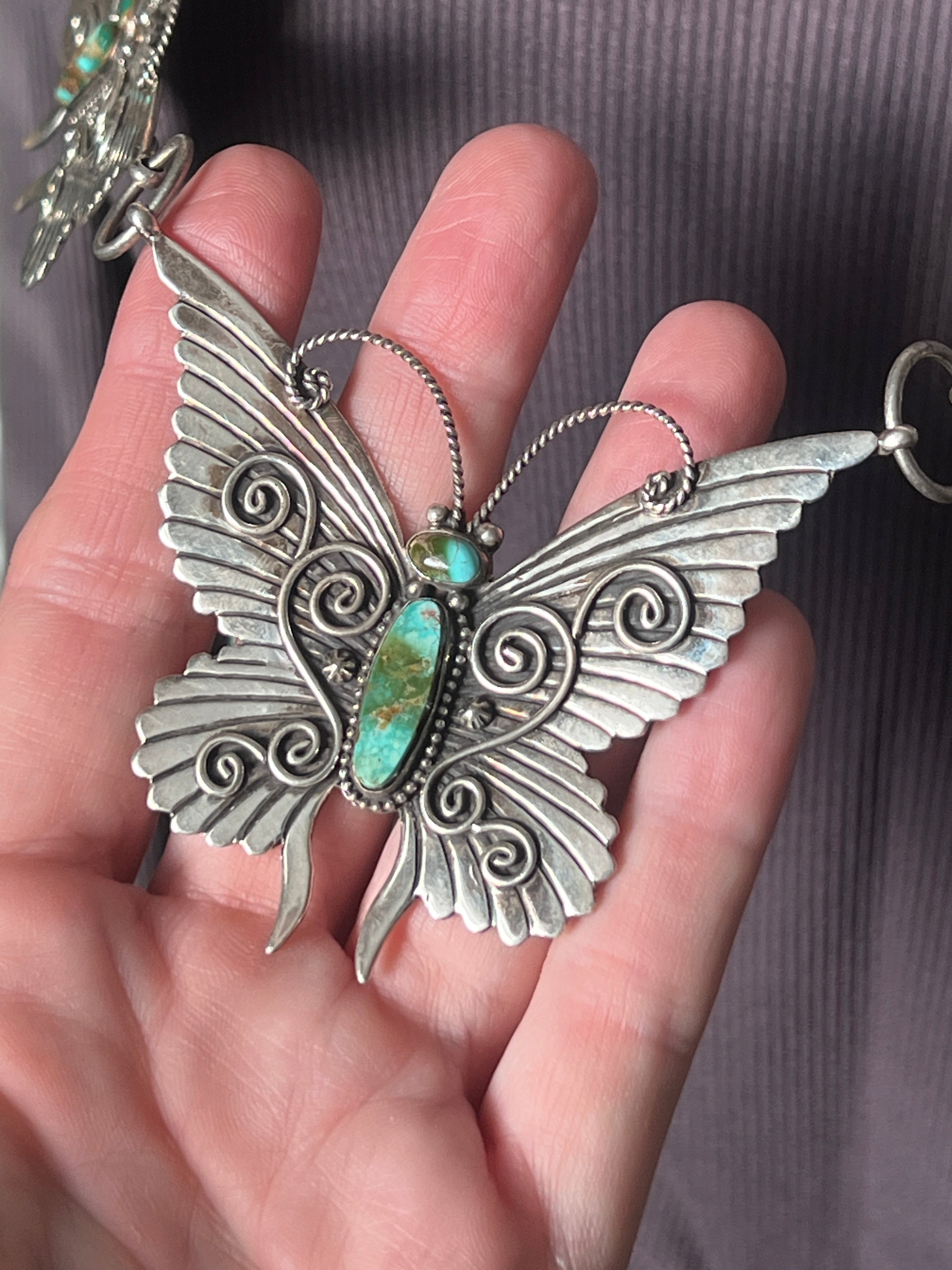 Lee Charley Handcrafted Sterling Silver and Turquoise Butterfly Lover’s Link Necklace, Belt or Hat Adornment