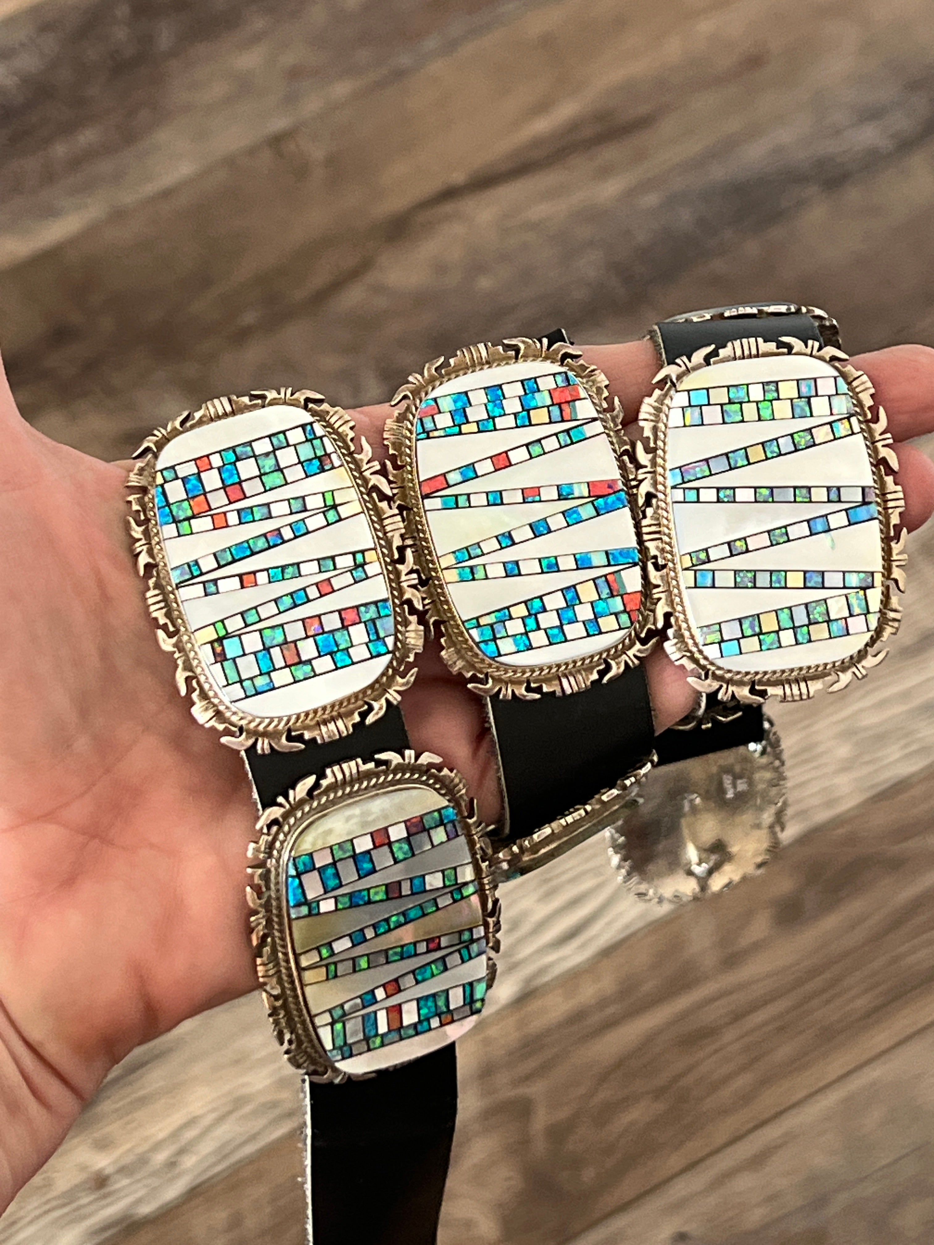 Tremendous Old Pawn Handcrafted Sterling Silver, Mother of Pearl and Opal Inlay Concho Belt by Albert Francisco