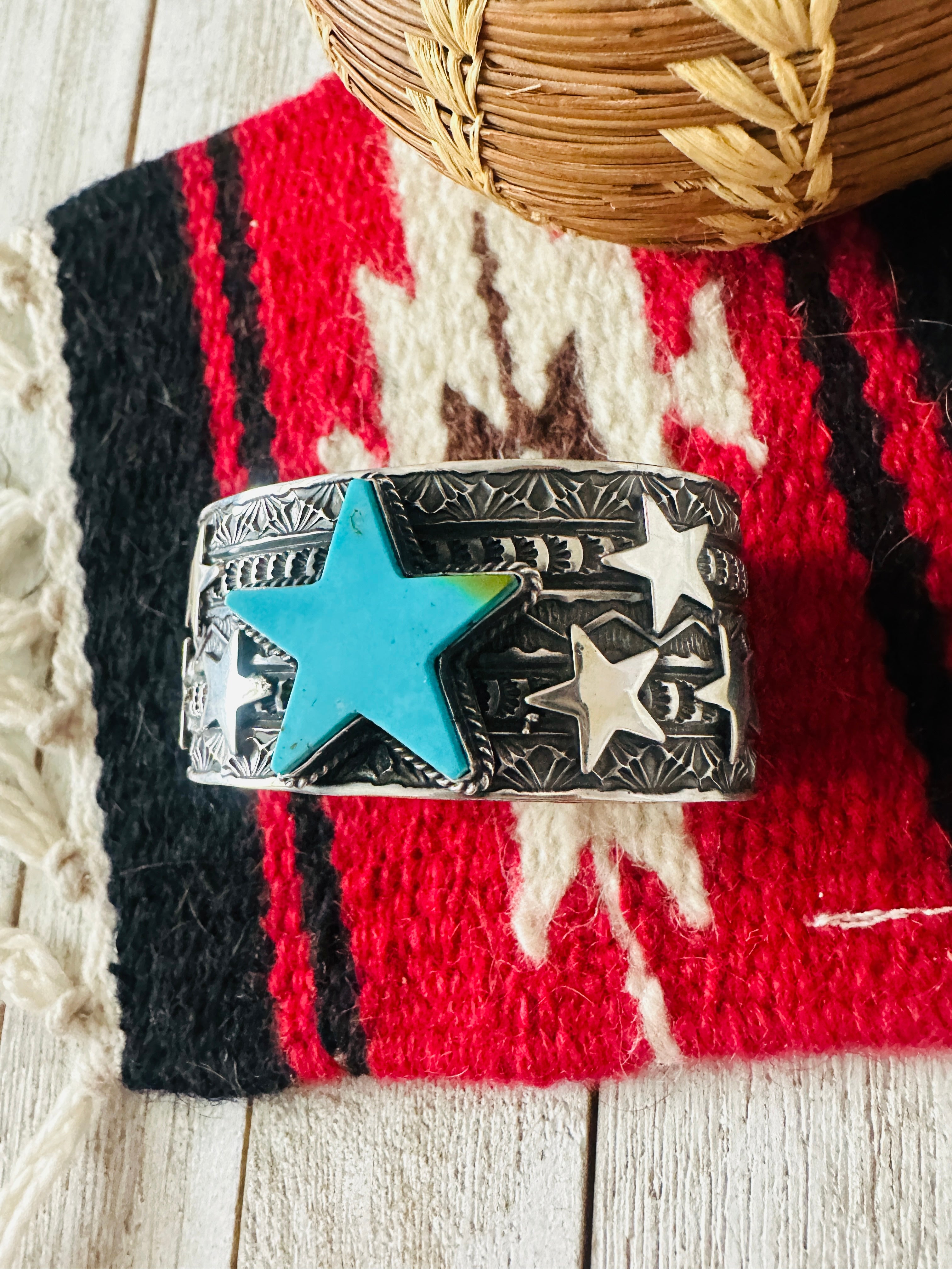 Navajo Turquoise & Sterling Silver Star Cuff Bracelet by Sunshine Reeves