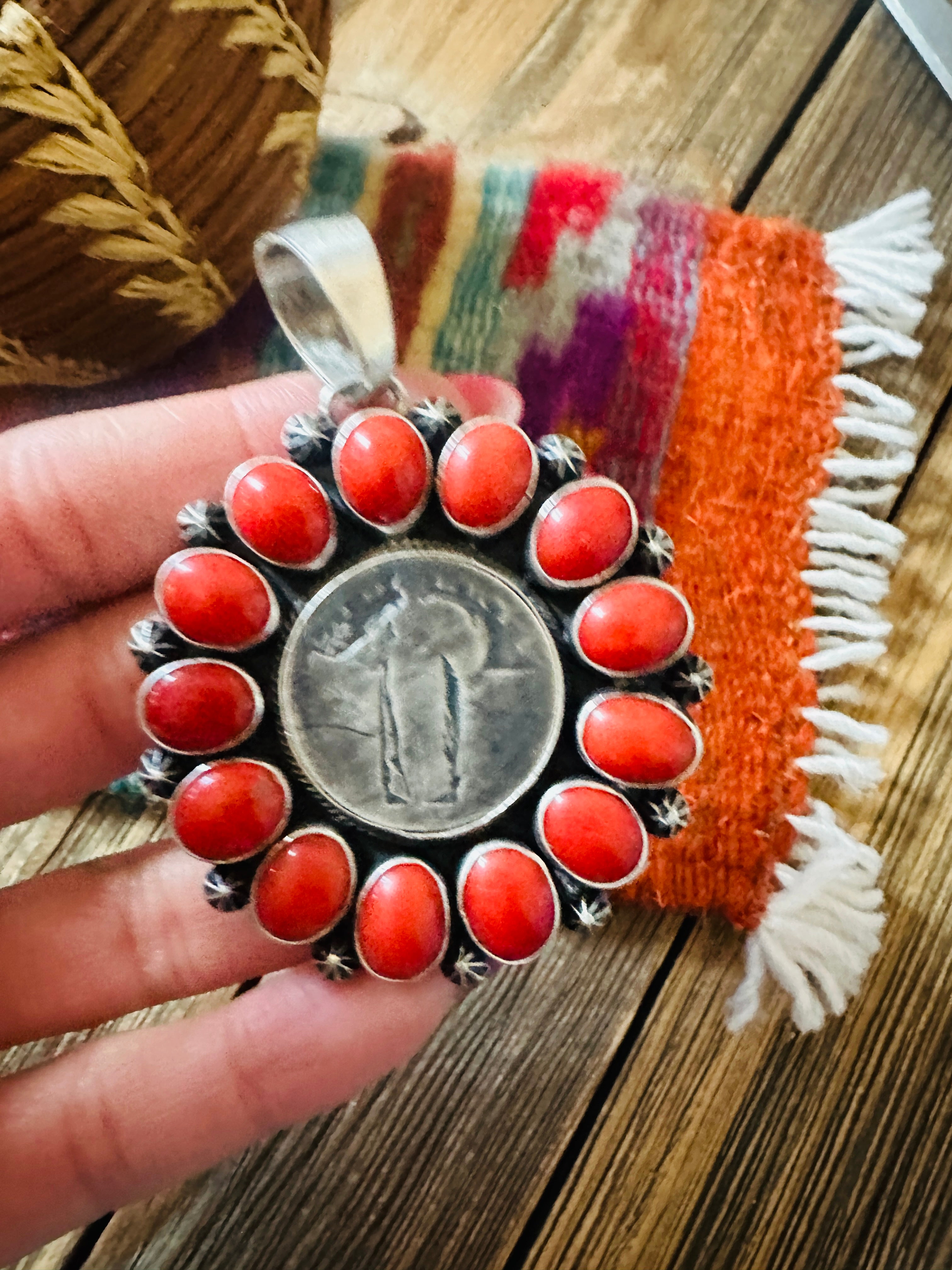 Handcrafted Sterling Silver and Coral Liberty Coin Pendant by Darrin Livingston