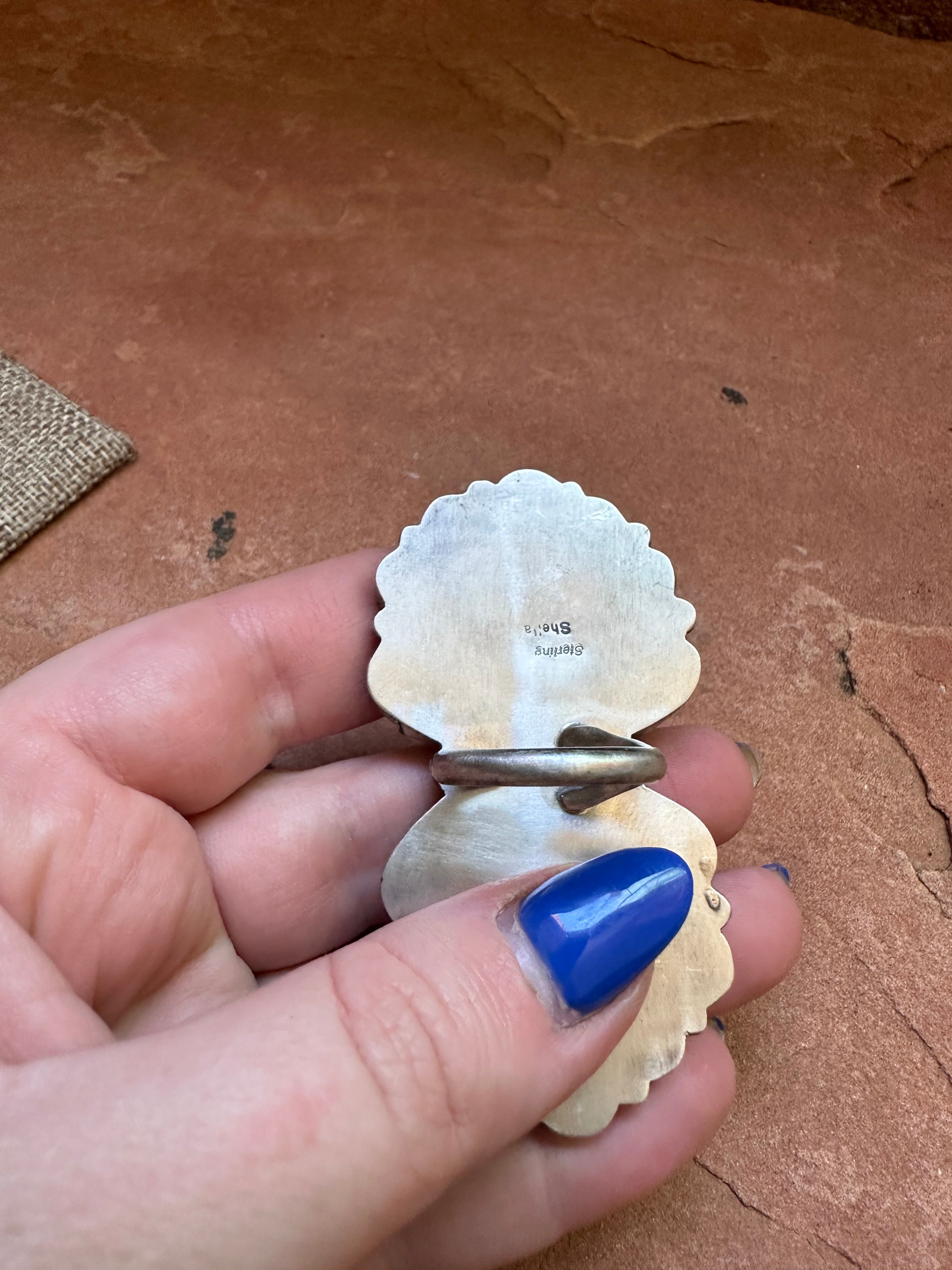 Handcrafted Turquoise & Sterling Silver Adjustable Ring Signed Sheila