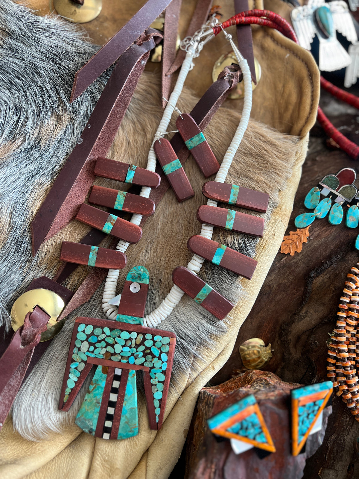 Warren Nieto Inlay Kingman Turquoise and Pipestone Thunderbird Tab Necklace & Earrings Set