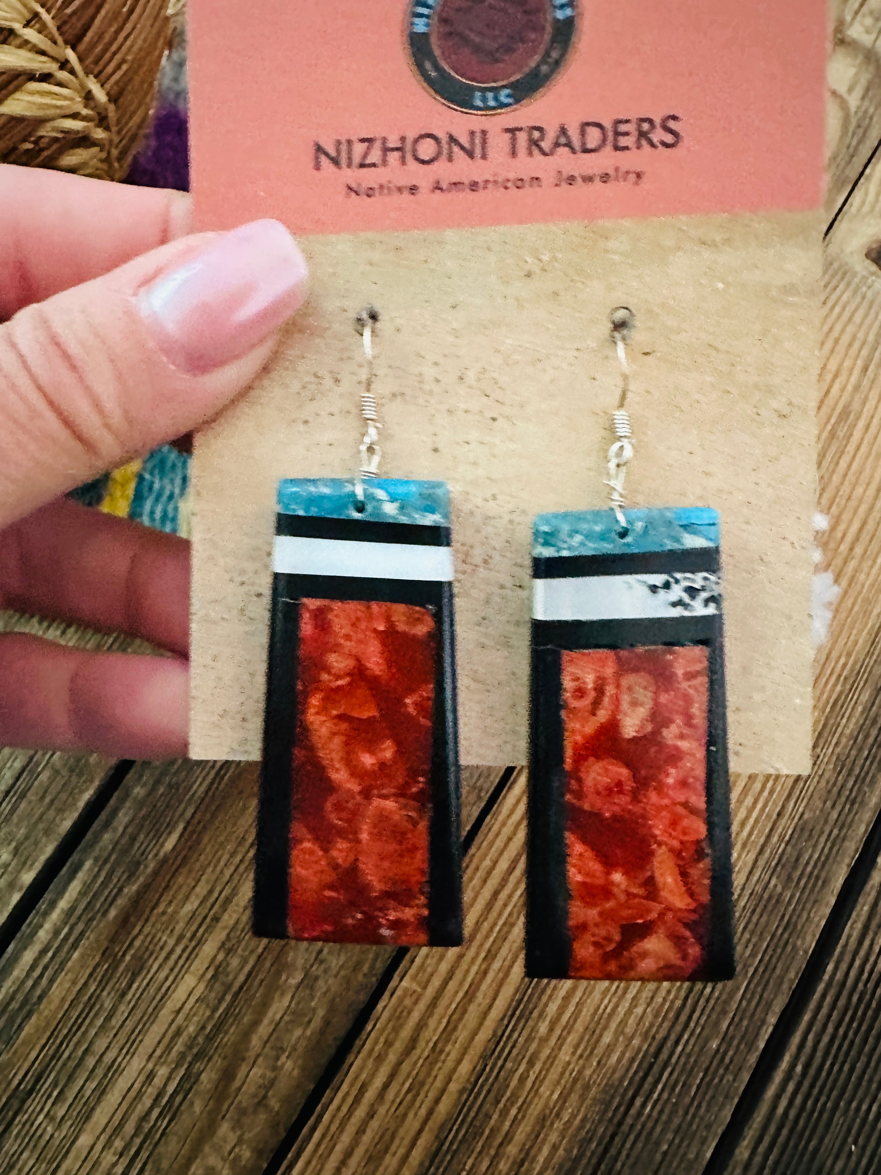Handcrafted Multi Stone Inlay Slab Dangle Earrings