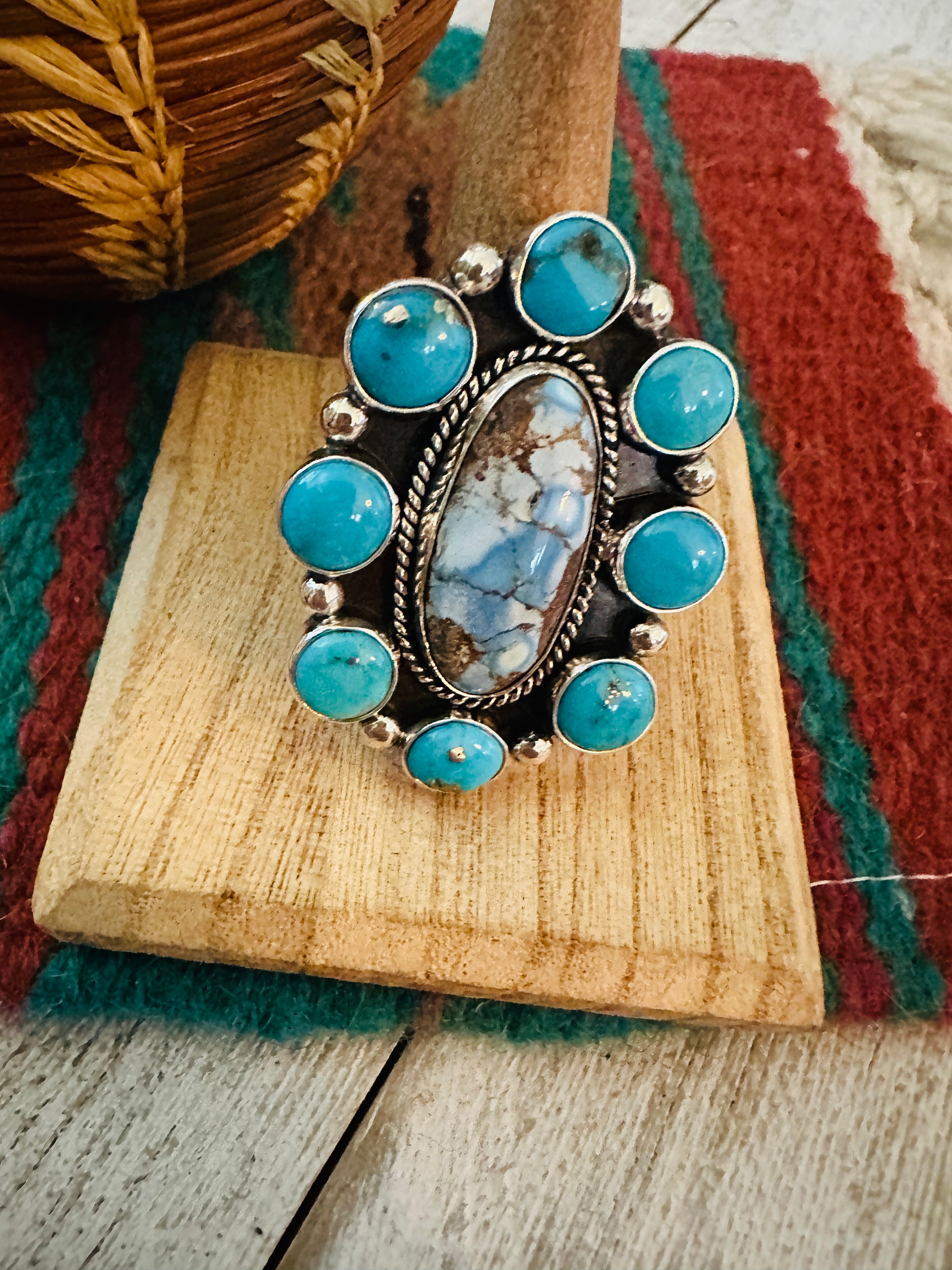 Handcrafted Sterling Silver & Multi Turquoise Cluster Adjustable Ring