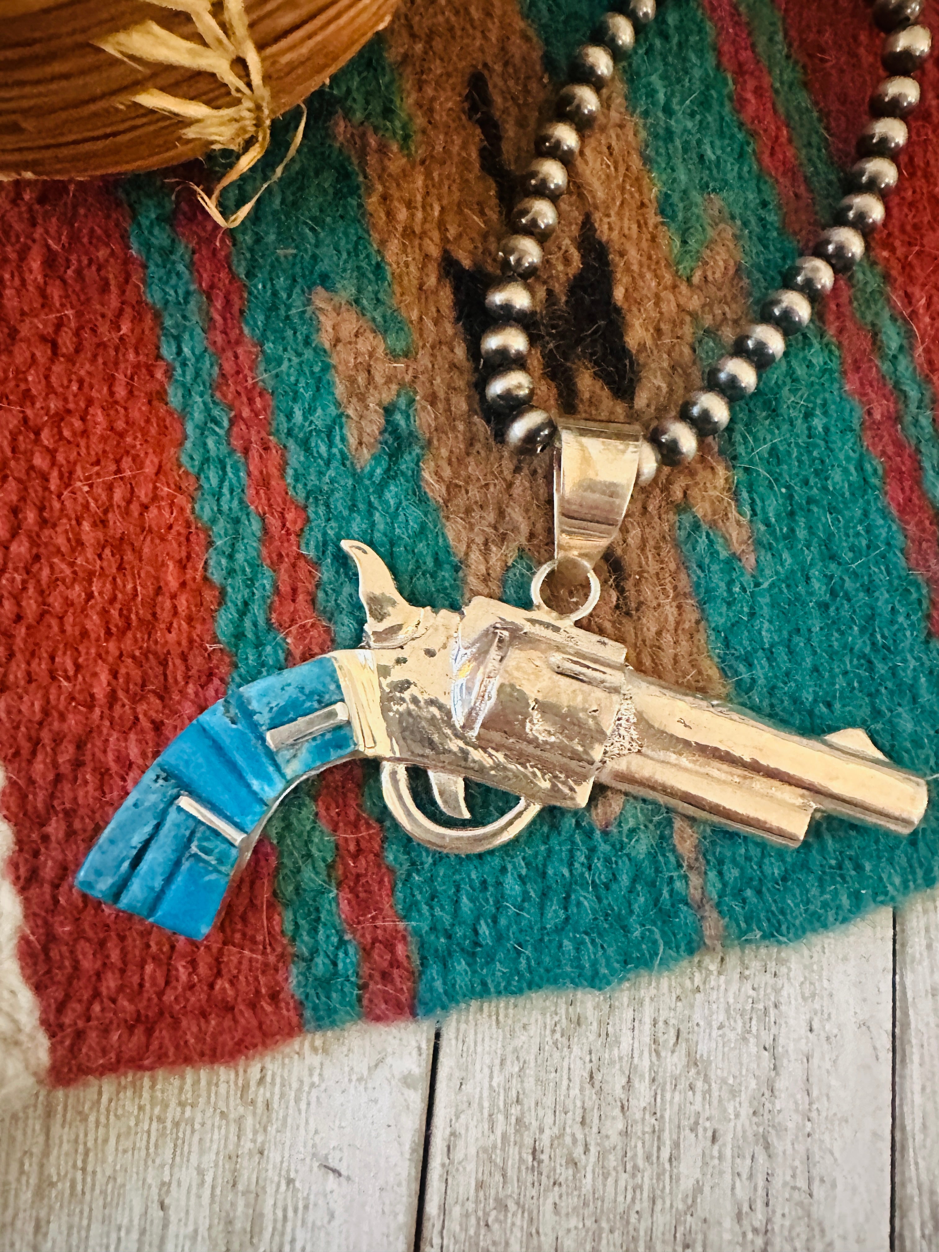 Handcrafted Sterling Silver & Turquoise Inlay Pistol Pendant