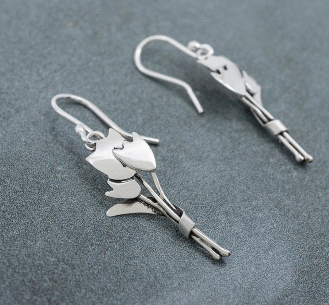 Tulip Flower Bouquet Sterling Silver Earrings