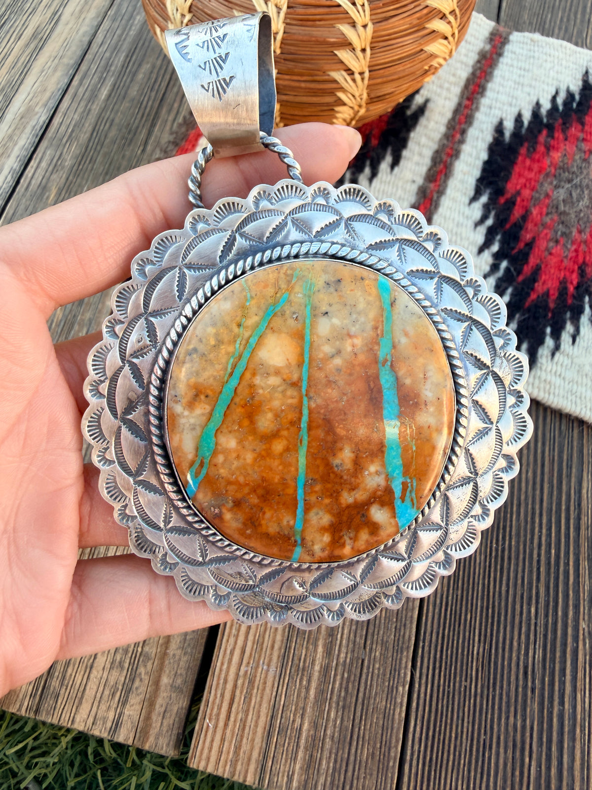 Handcrafted Sterling Silver & Royston Ribbon Turquoise Pendant by Rick Enriquez
