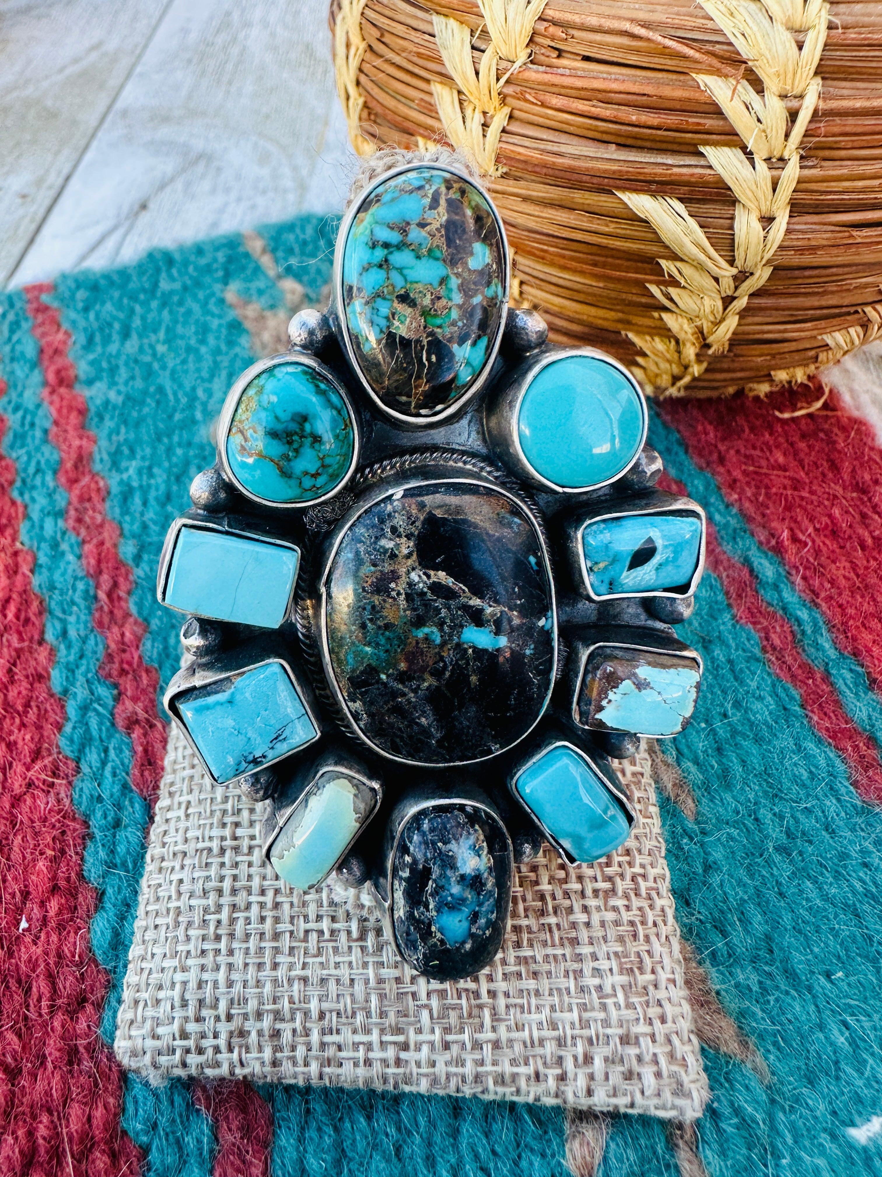 Hand Crafted Multi Turquoise & Sterling Silver Cluster Ring Size 10.5 by Ella Peter