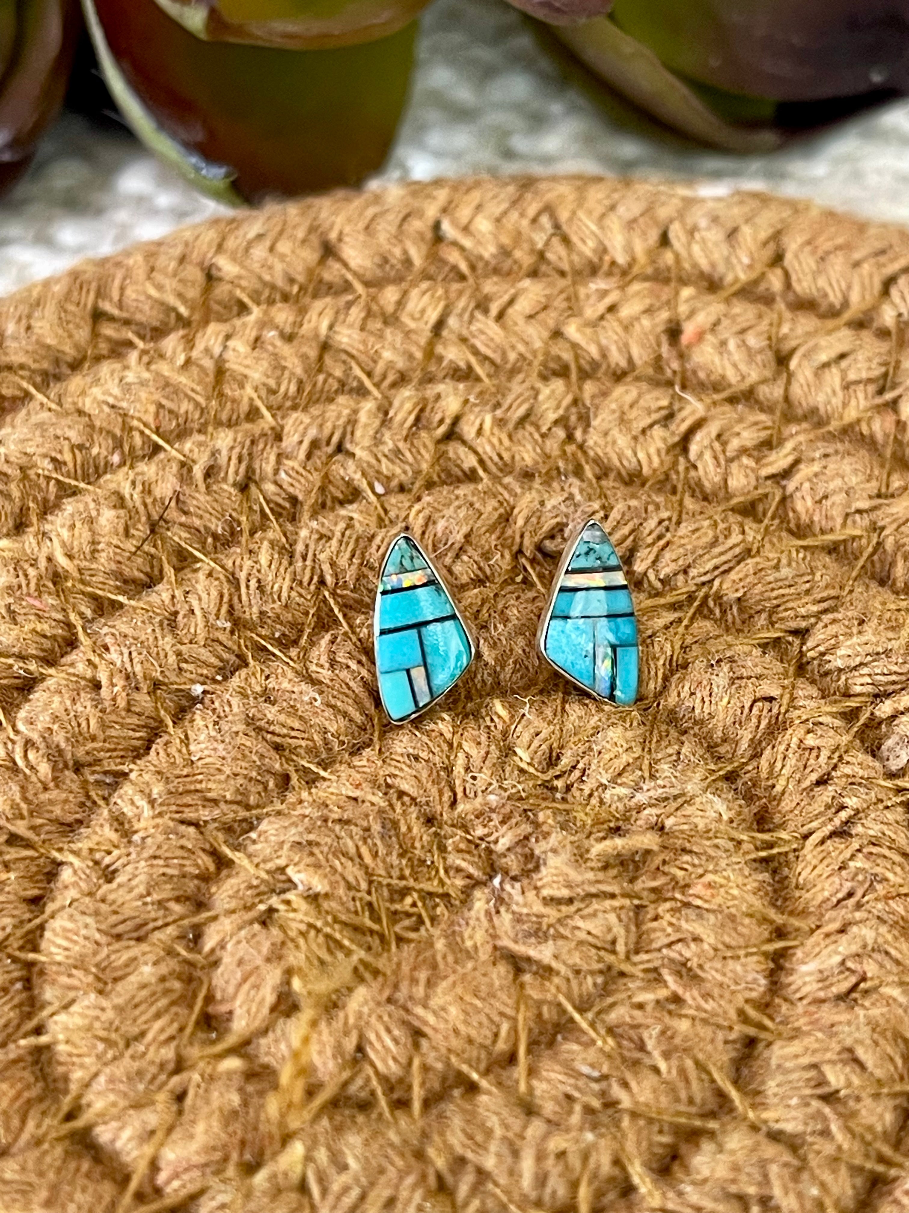 Beautiful Handmade Sterling Silver & Turquoise Inlay Stud Earrings