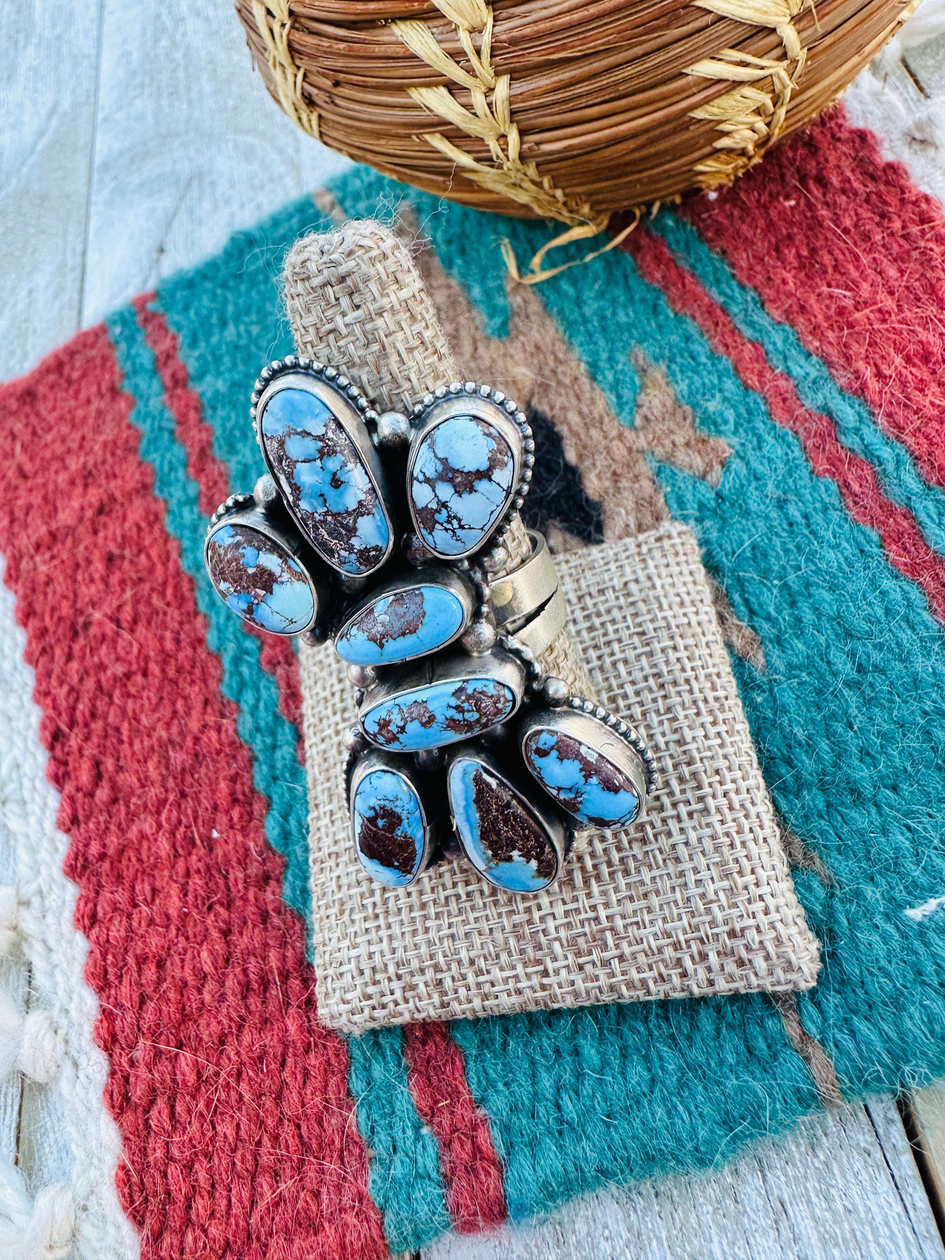 Hand Crafted Golden Hills Turquoise & Sterling Silver Ring Size 10 by Sheila Becenti