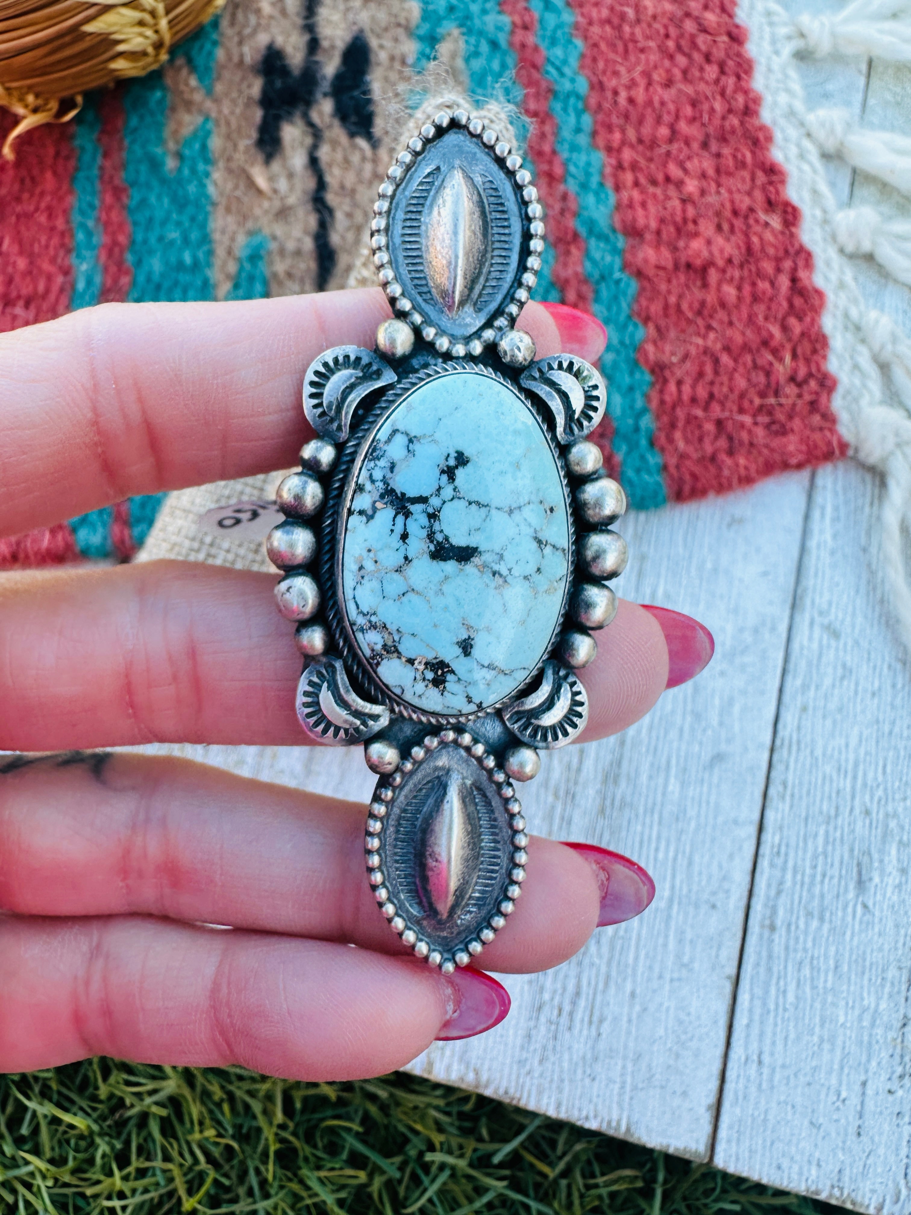 Handcrafted Golden Hills Turquoise & Sterling Silver Ring Size 7.5 by Delvin John