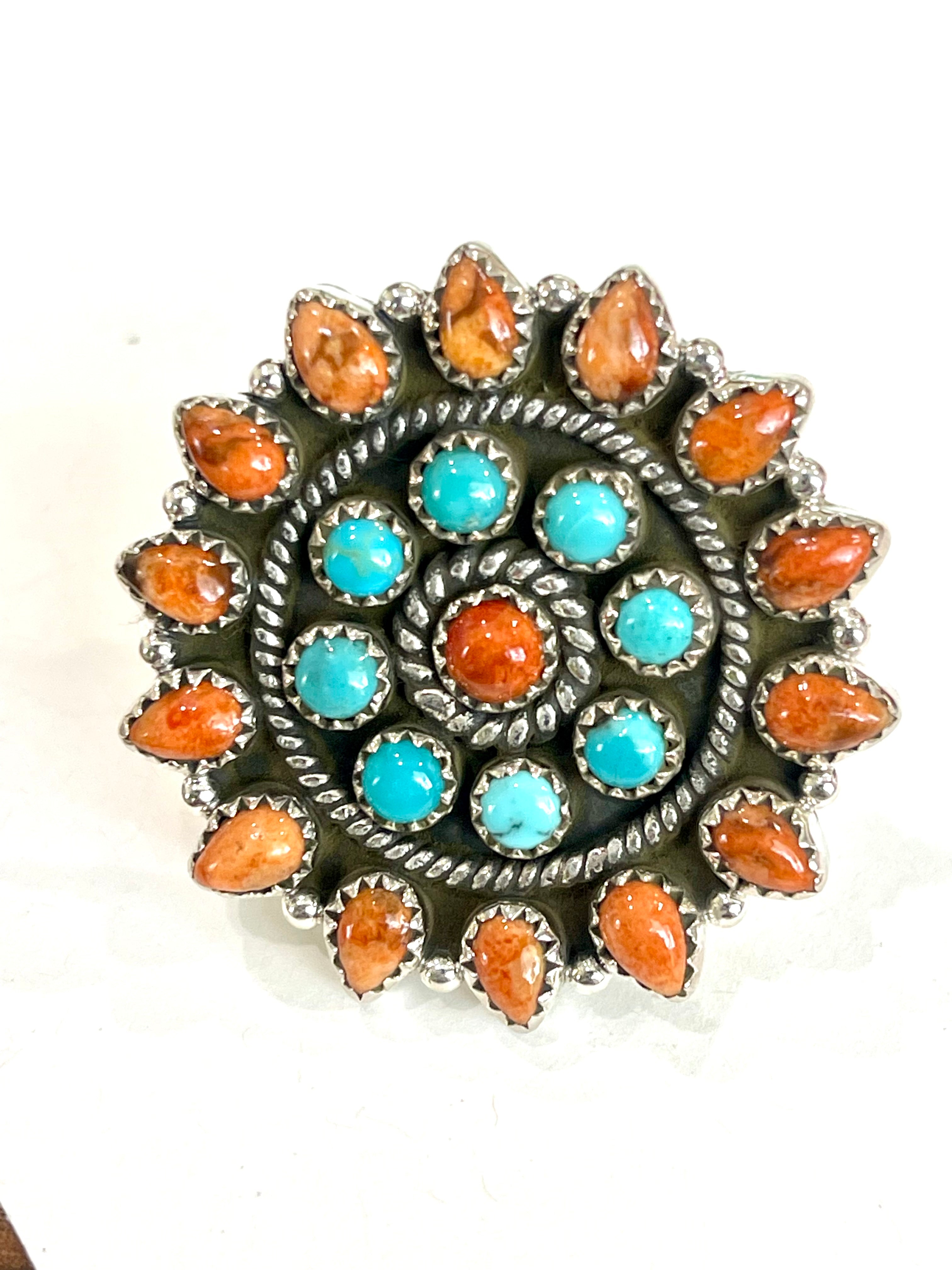 Handmade Turquoise , Orange Mojave And Sterling Silver Adjustable Cluster Ring