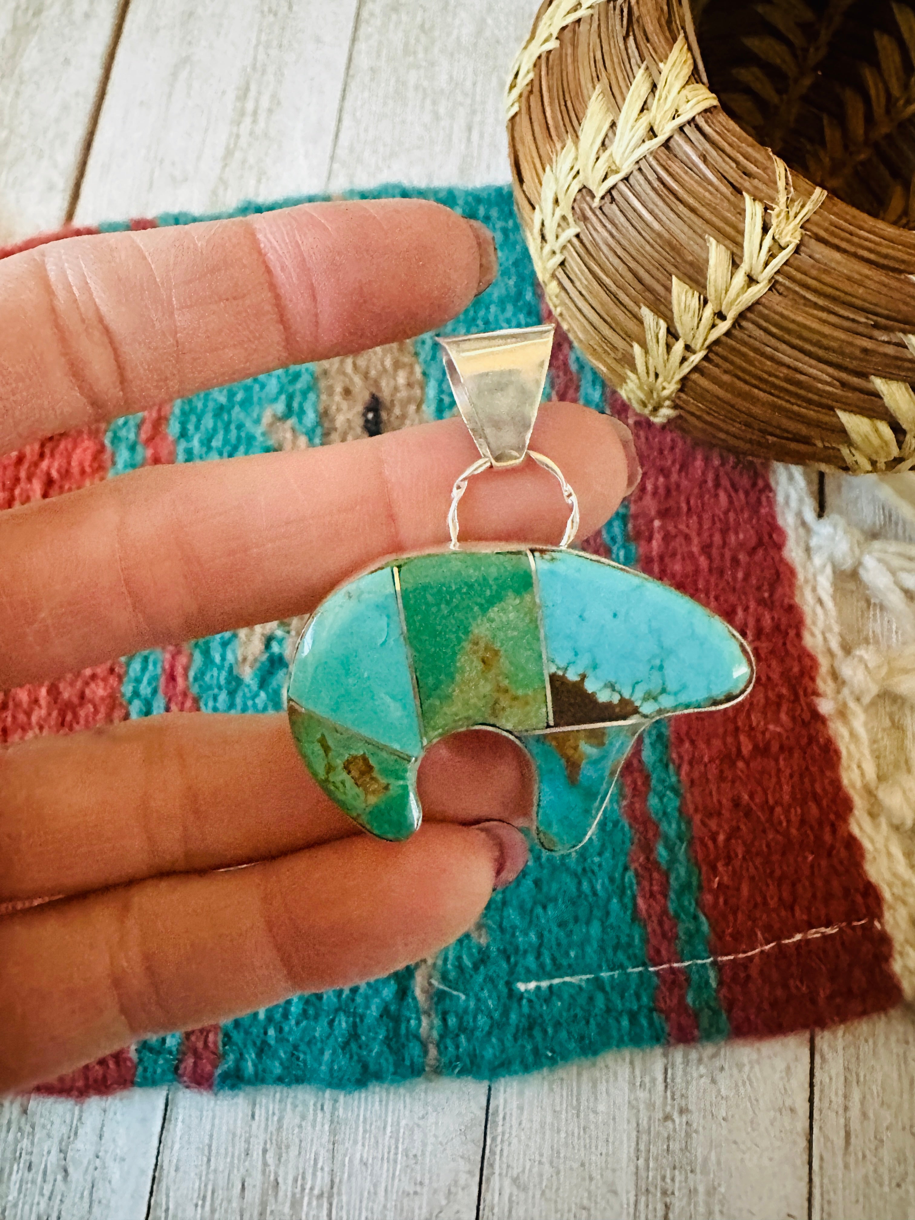 Handcrafted Turquoise & Sterling Silver Inlay Fetish Bear Pendant