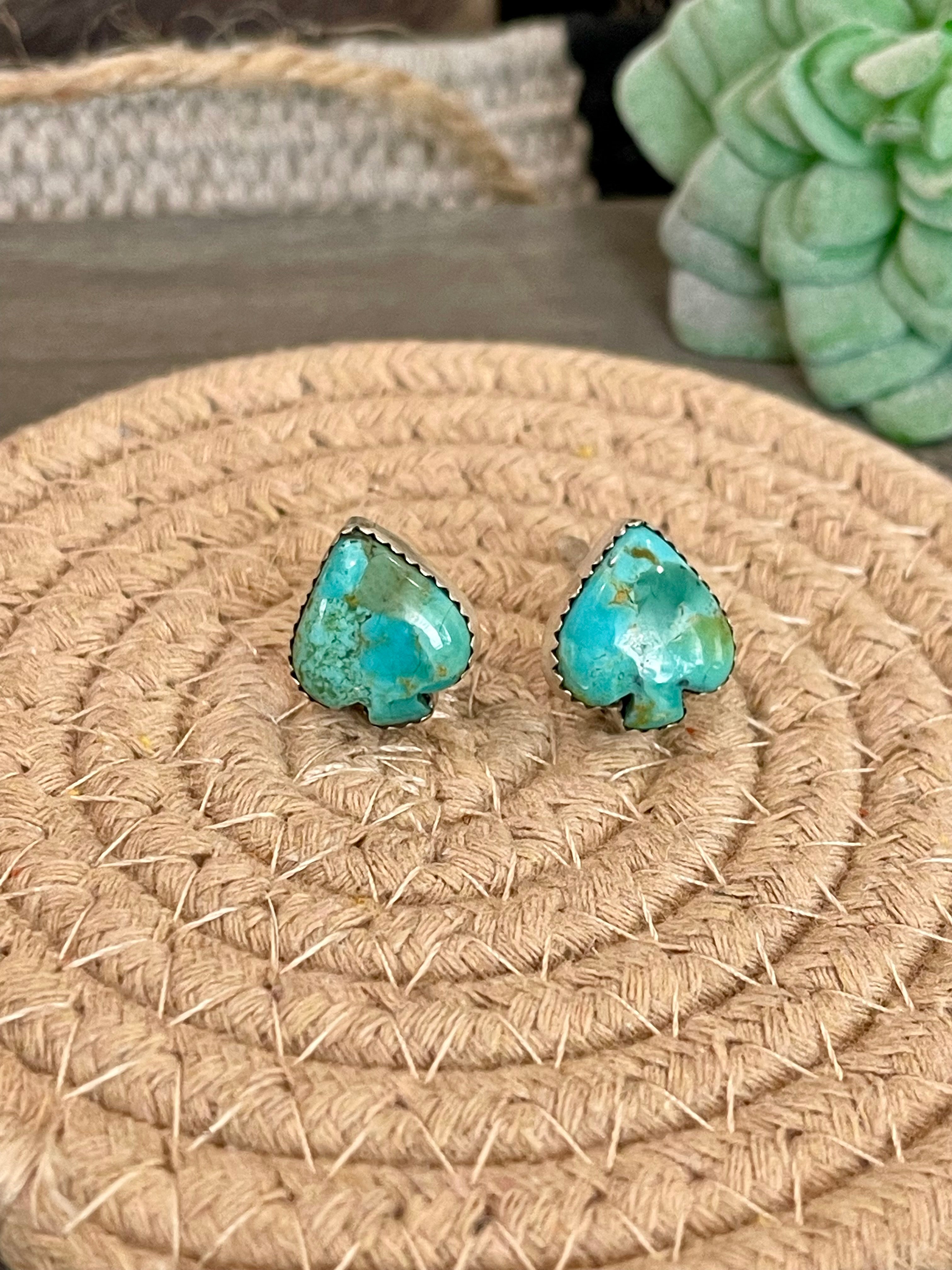Handmade Emerald Valley Turquoise and Sterling Silver Post Spade Earrings