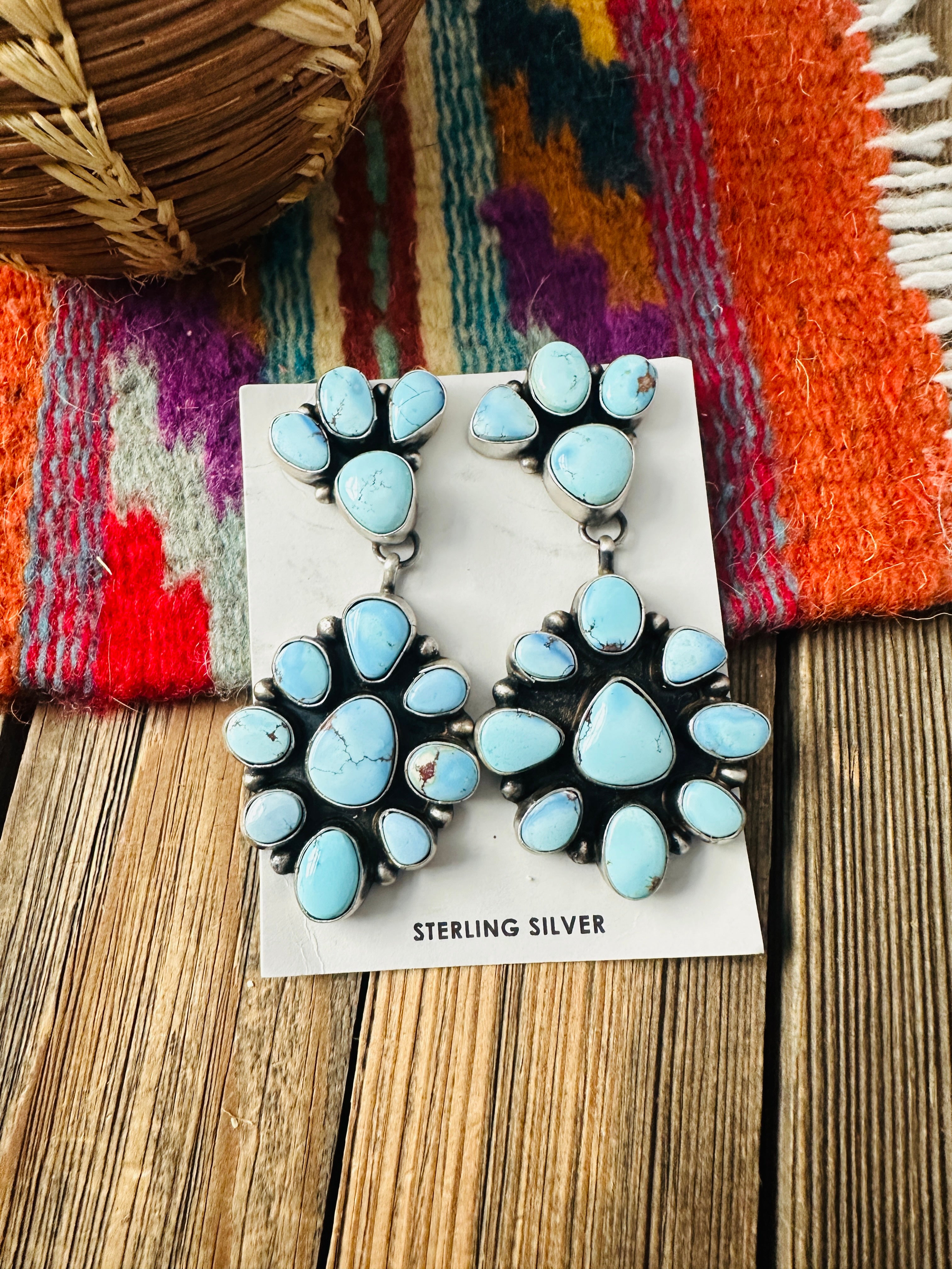 Handcrafted Golden Hills Turquoise & Sterling Silver Cluster Dangle Earrings