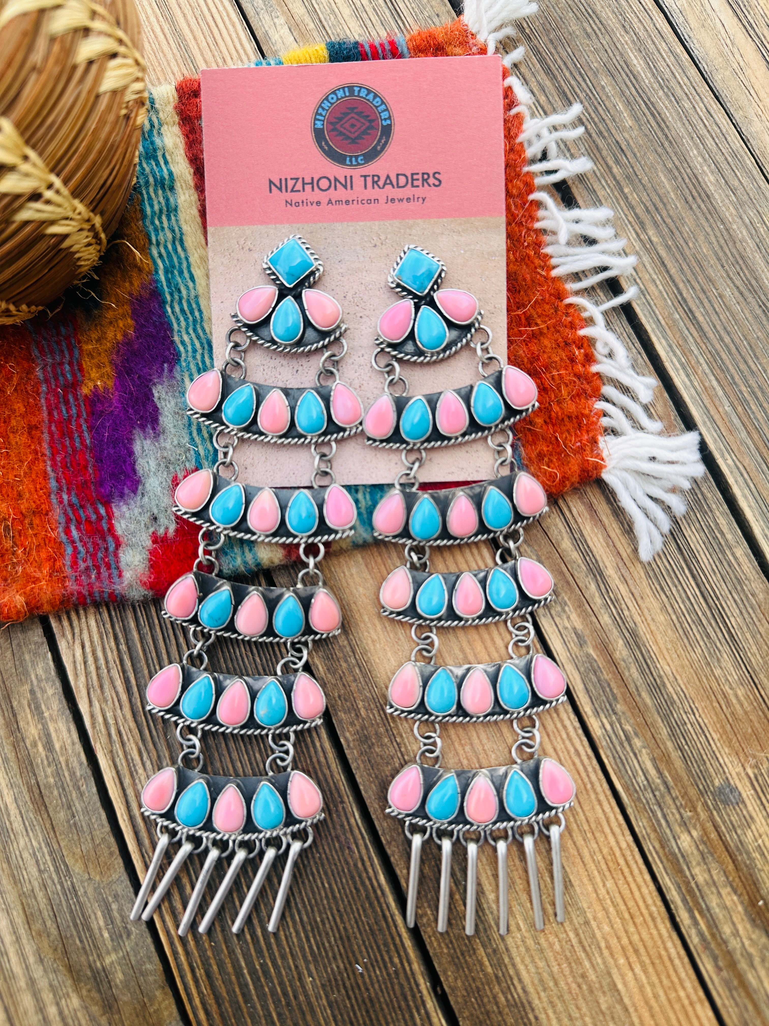 Handcrafted Turquoise, Pink Conch & Sterling Silver Chandelier Dangle Earrings by Charles Johnson