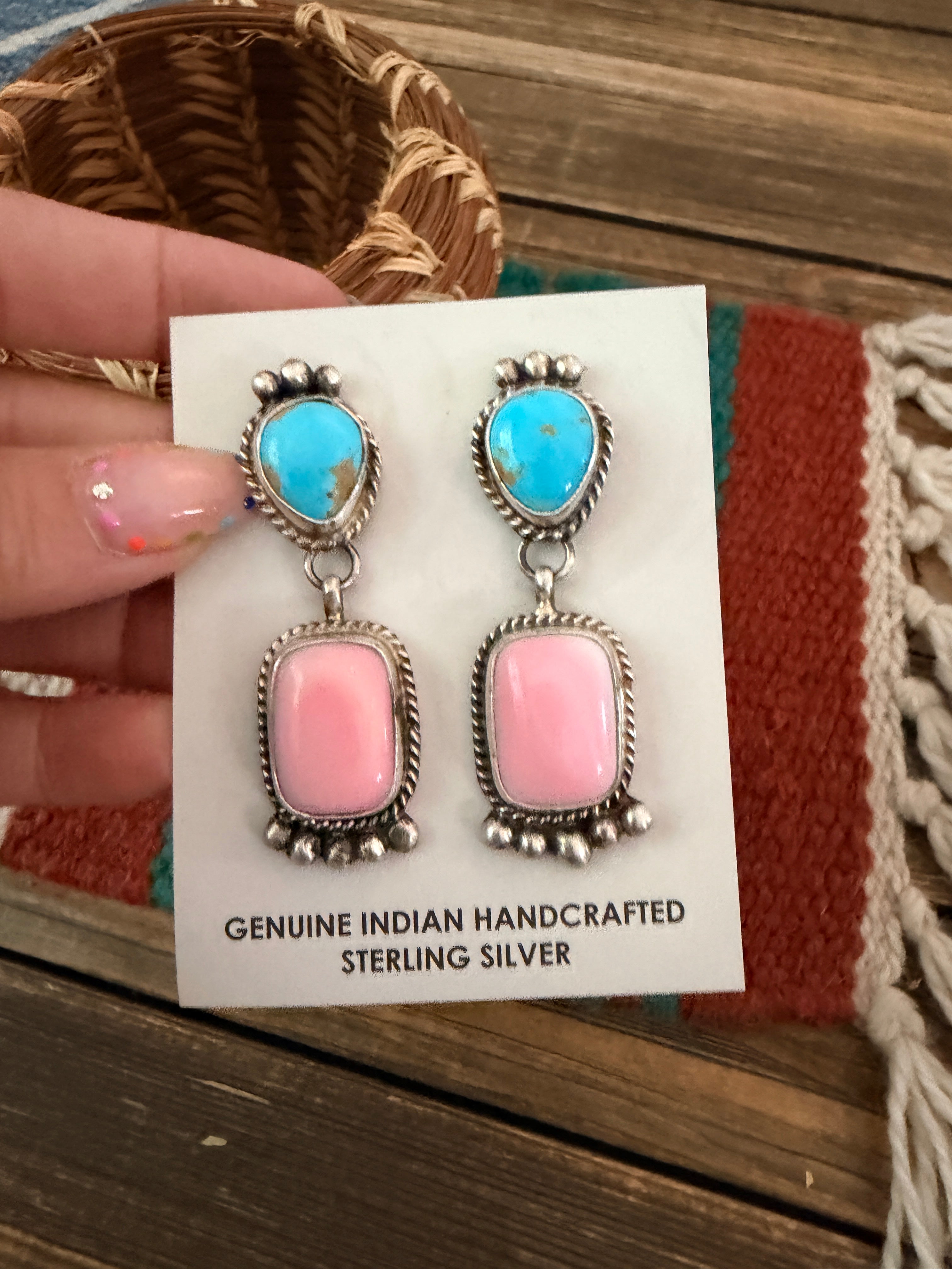 Handcrafted Sterling Silver, Turquoise & Queen Pink Conch Dangle Earrings by Vicky Hicks