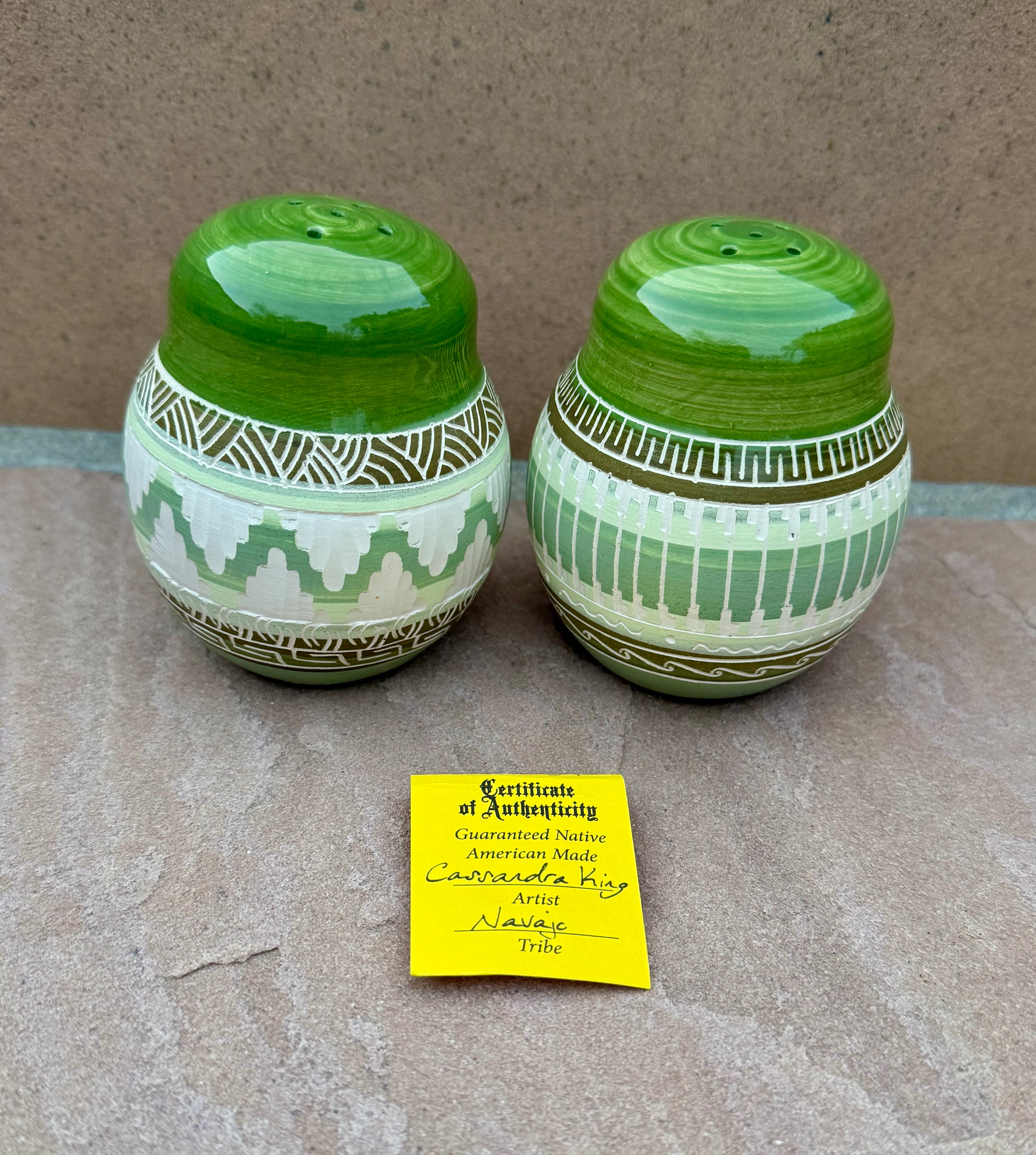 Handcrafted Green Salt & Pepper Shakers “Cassandra King”