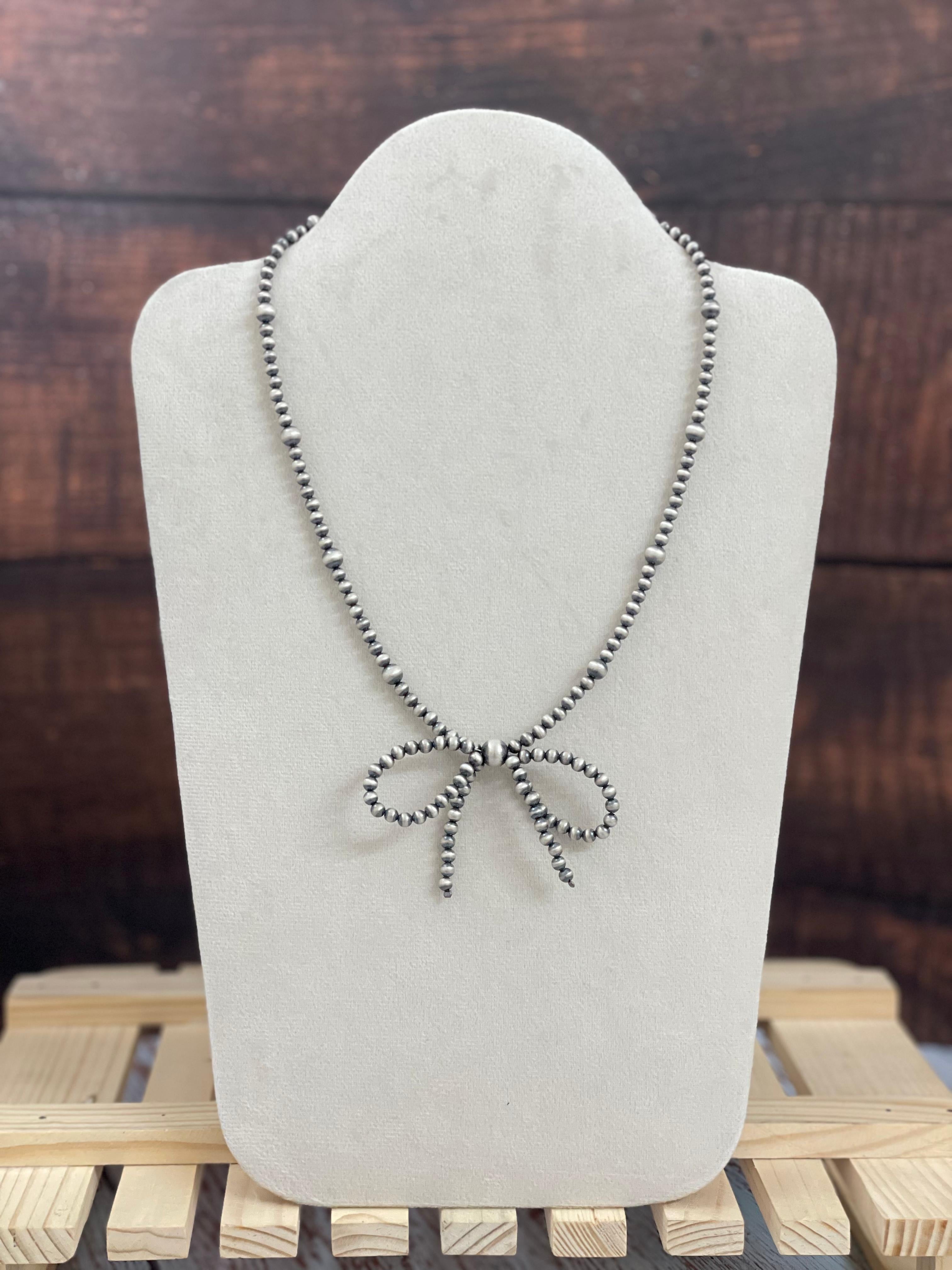 Sterling Silver Navajo Pearl Style Beaded Bow Tie Necklace 16-18 inches
