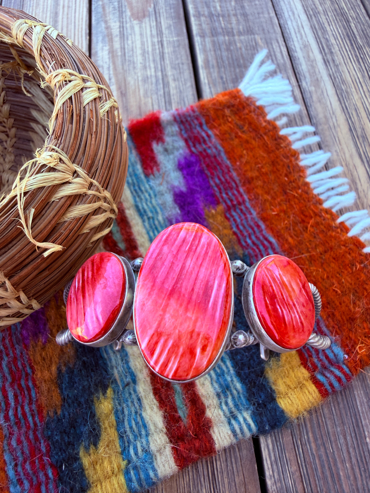 Handcrafted Spiny Oyster & Sterling Silver Cuff Bracelet by Patrick Yazzie