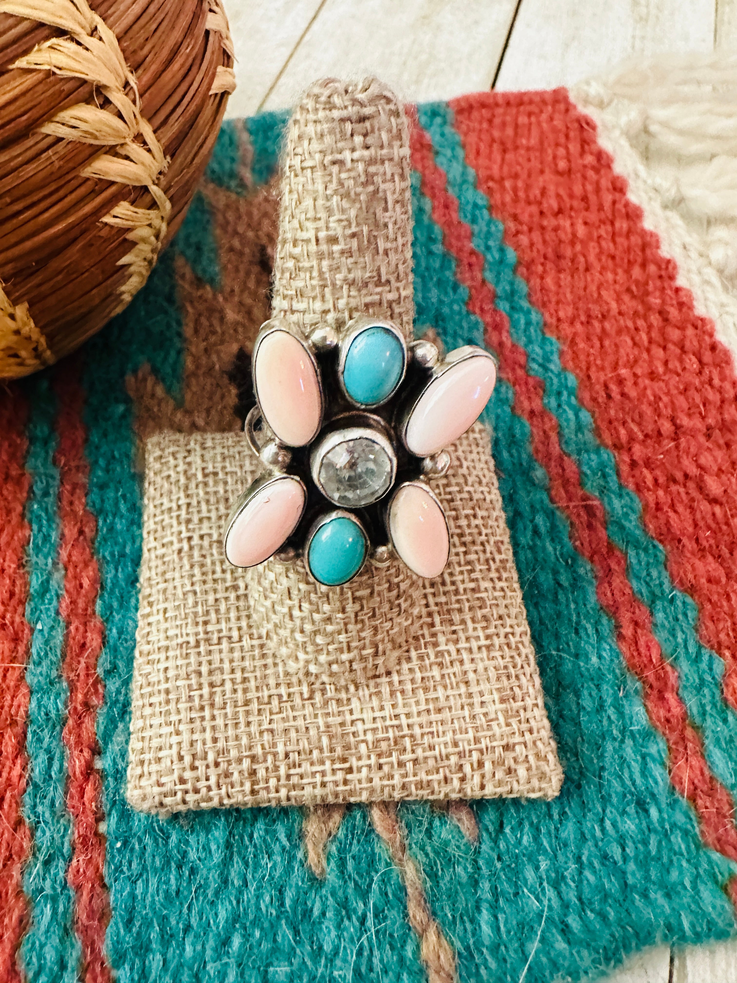 Handcrafted Queen Pink Conch, Turquoise & Sterling Silver Adjustable Ring by Jacqueline Silver