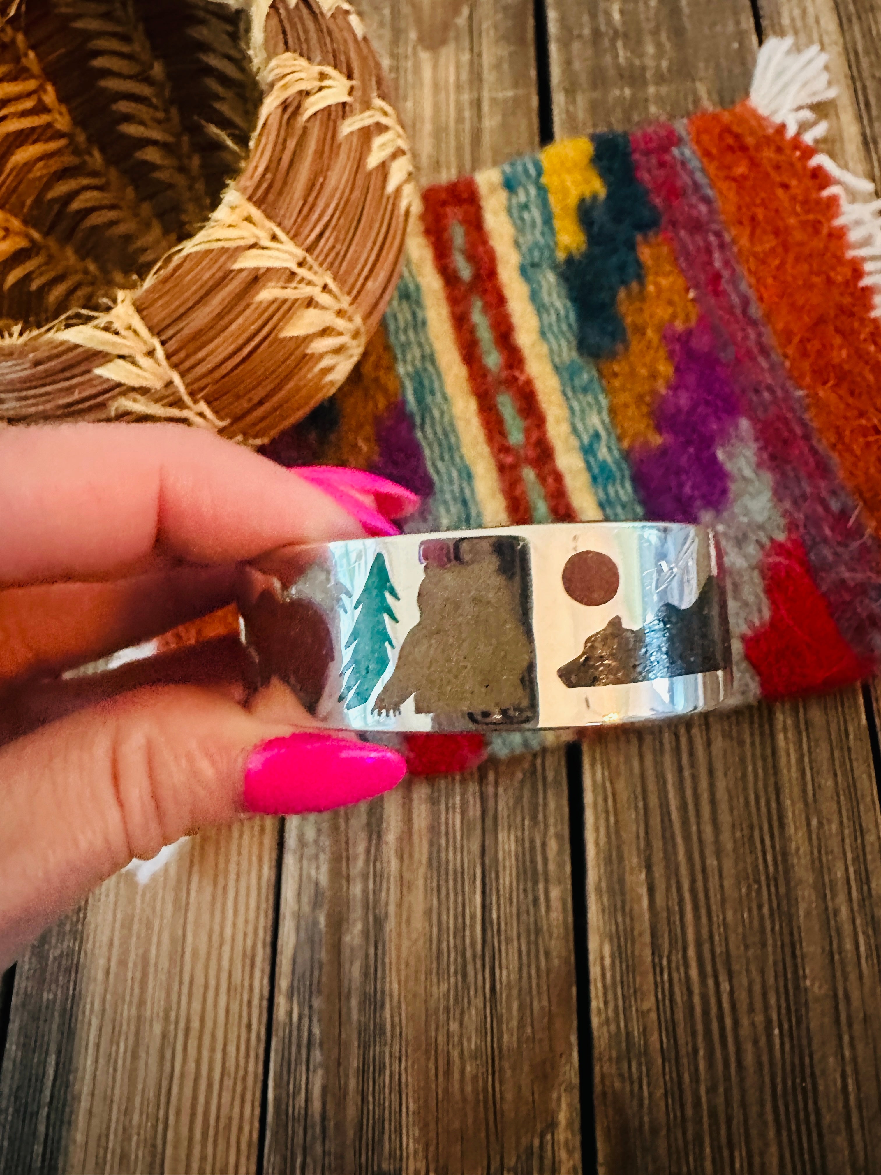 Handcrafted Sterling Silver & Multi Stone Inlay Bear Cuff Bracelet