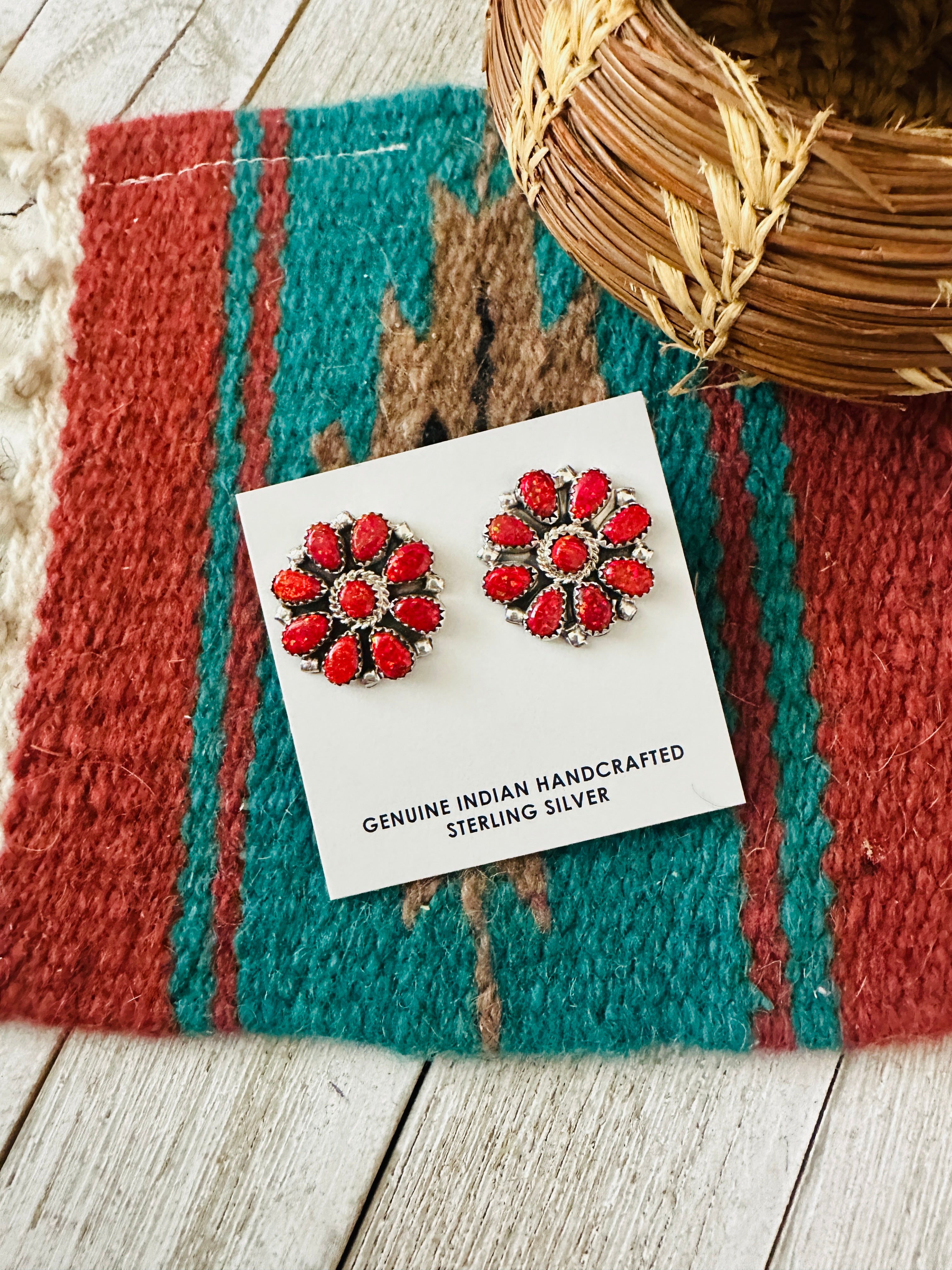 Handcrafted Red Opal & Sterling Silver Cluster Post Earrings