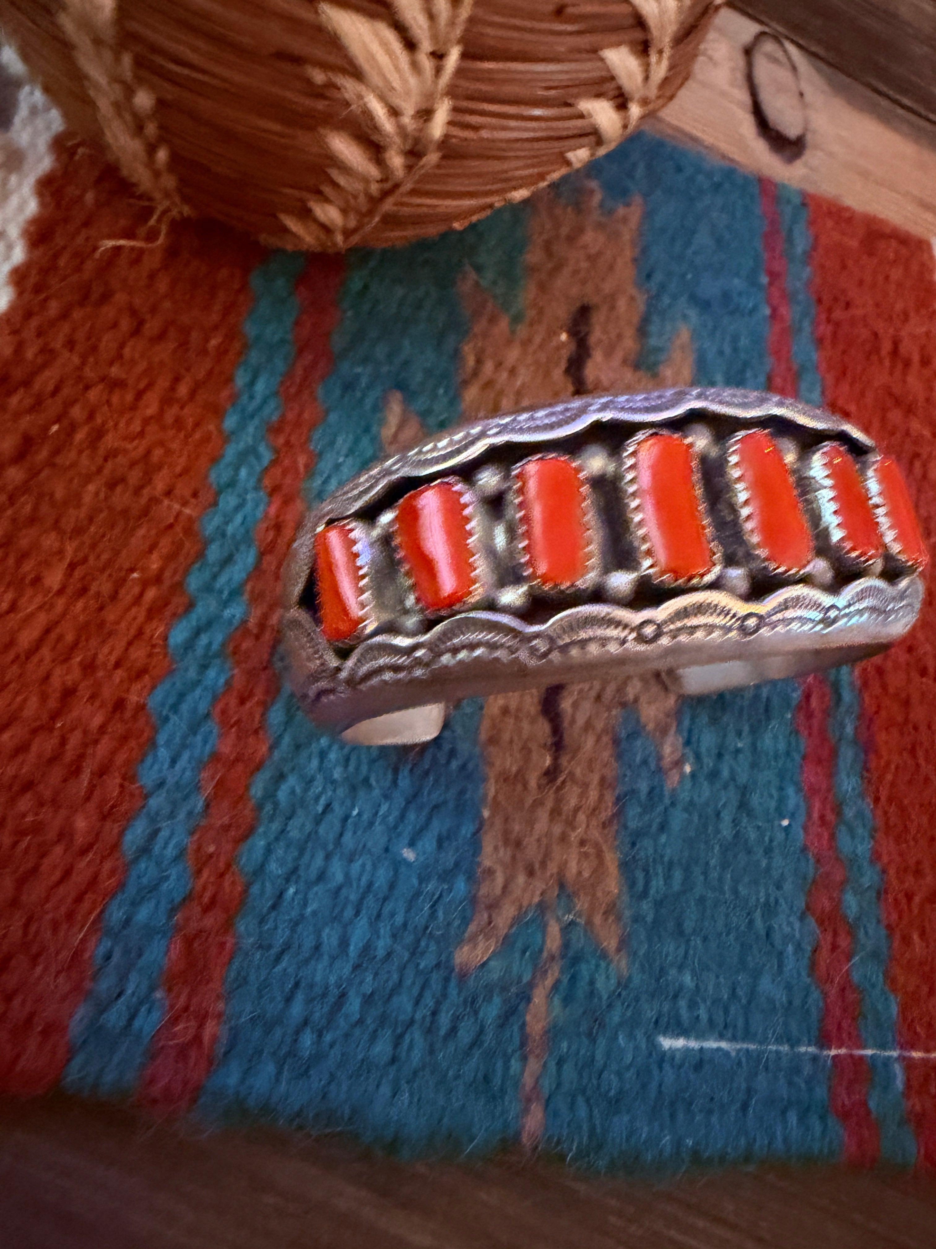 Handcrafted Old Pawn Sterling Silver & Coral Needlepoint Cuff Bracelet