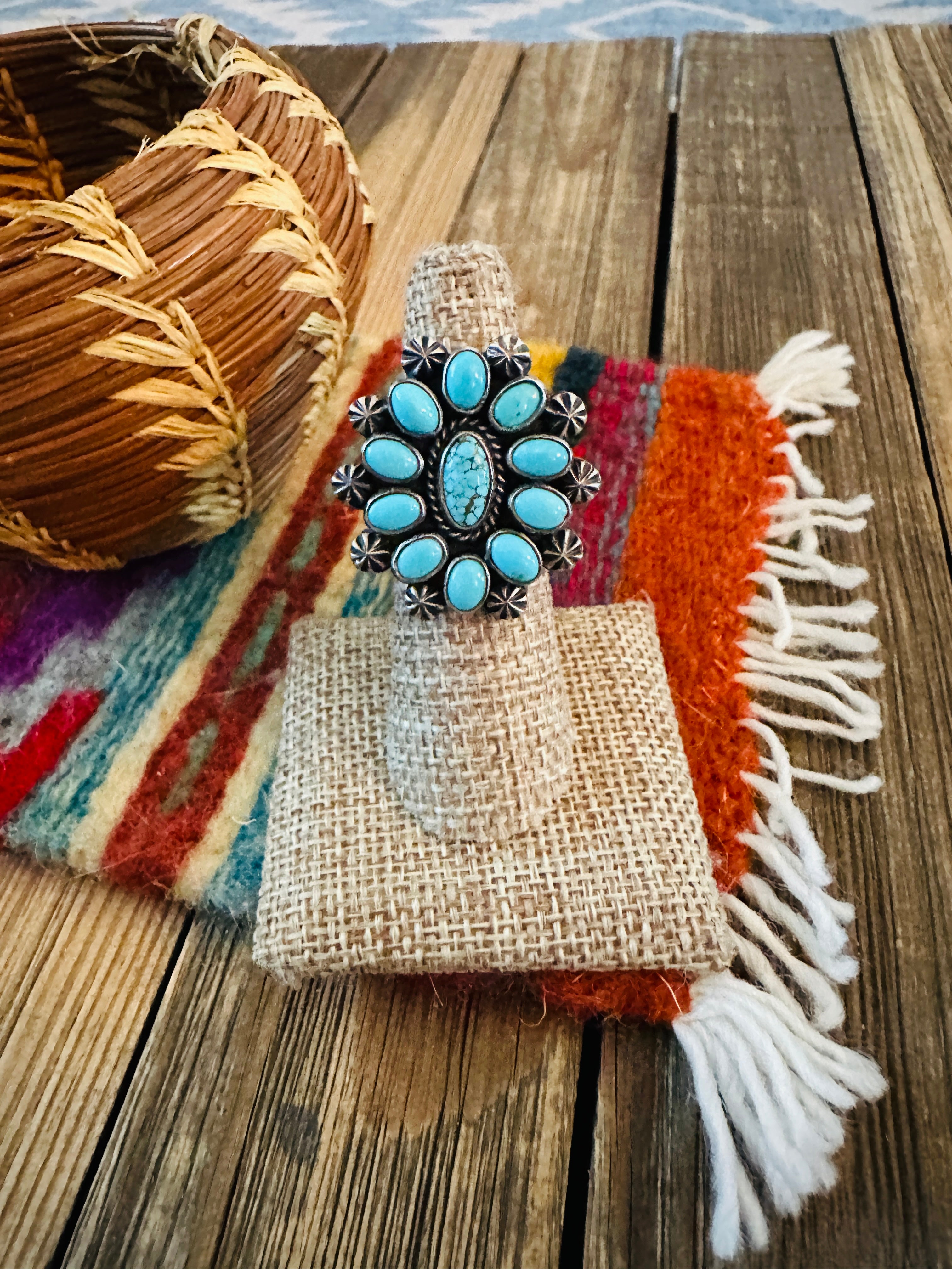 Handcrafted Kingman Turquoise & Sterling Silver Adjustable Cluster Ring