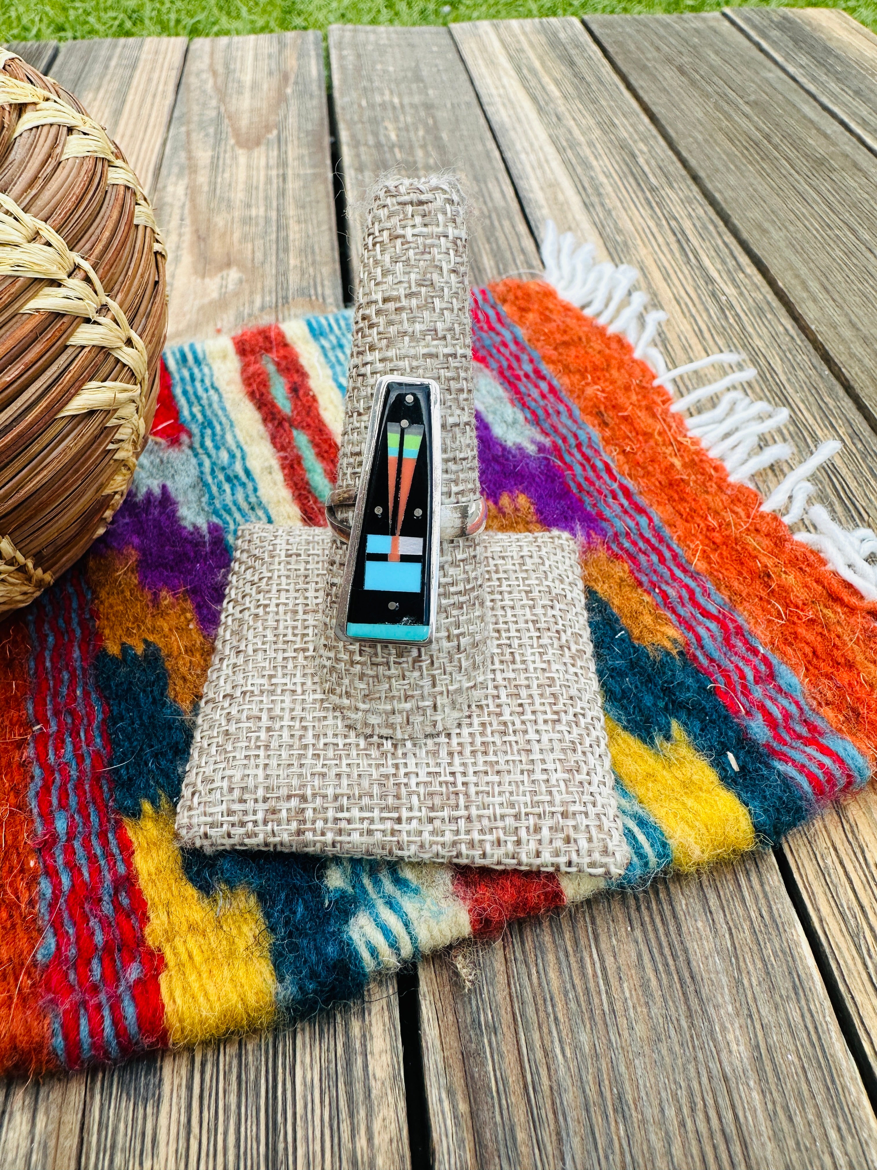 Handcrafted Multi Stone & Sterling Silver Inlay Adjustable Ring by Gilbert Smith