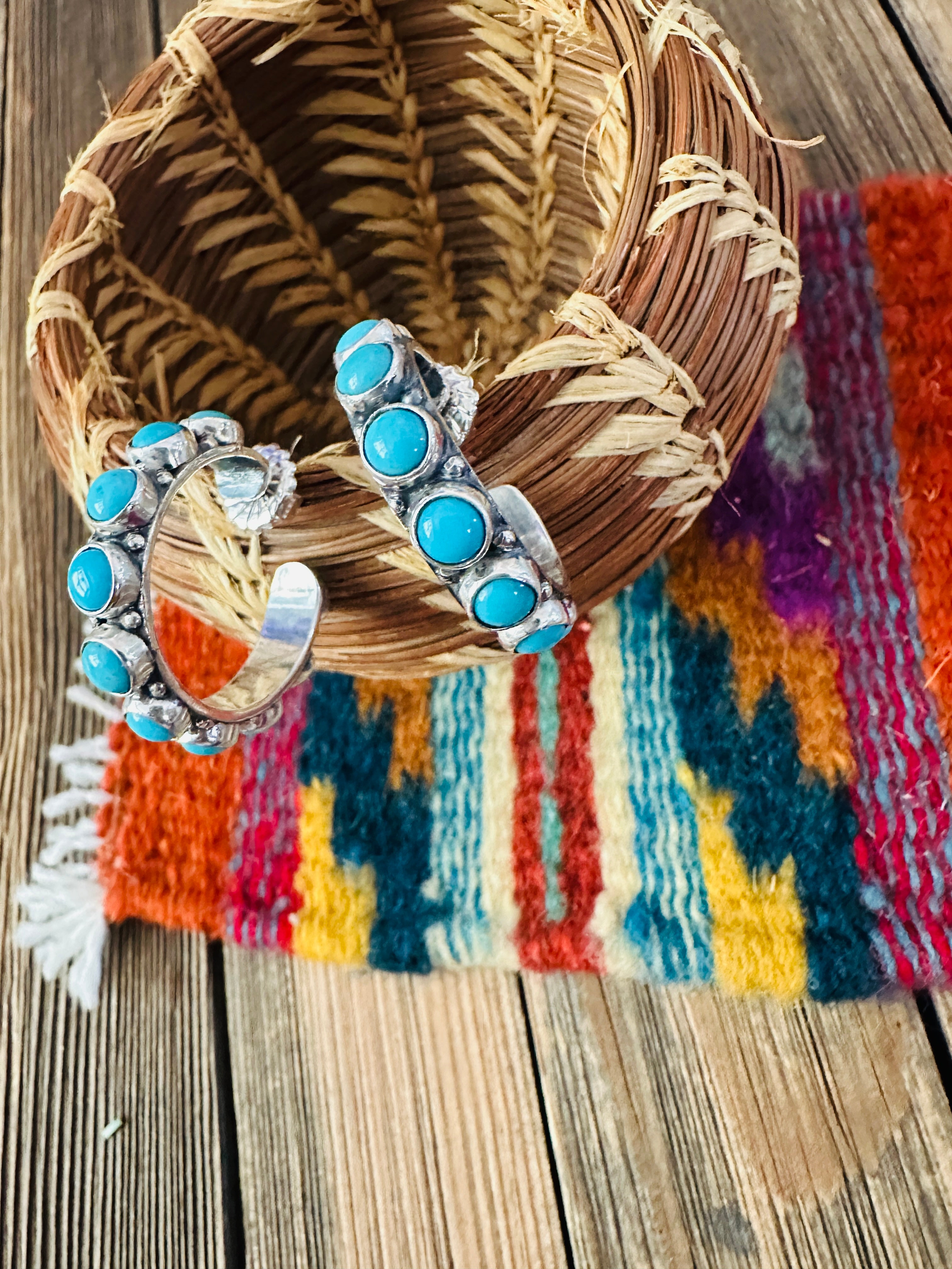 Handcrafted Turquoise & Sterling Silver Hoop Earrings by Federico Jimenez