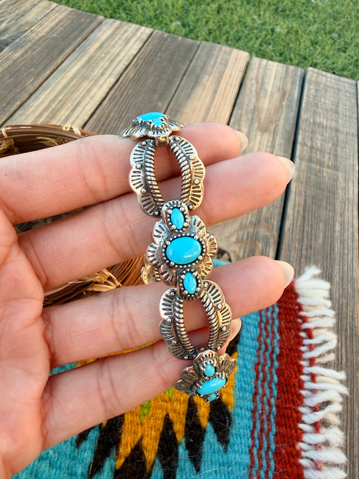 Handcrafted Old Pawn Sterling Silver & Turquoise Link Bracelet