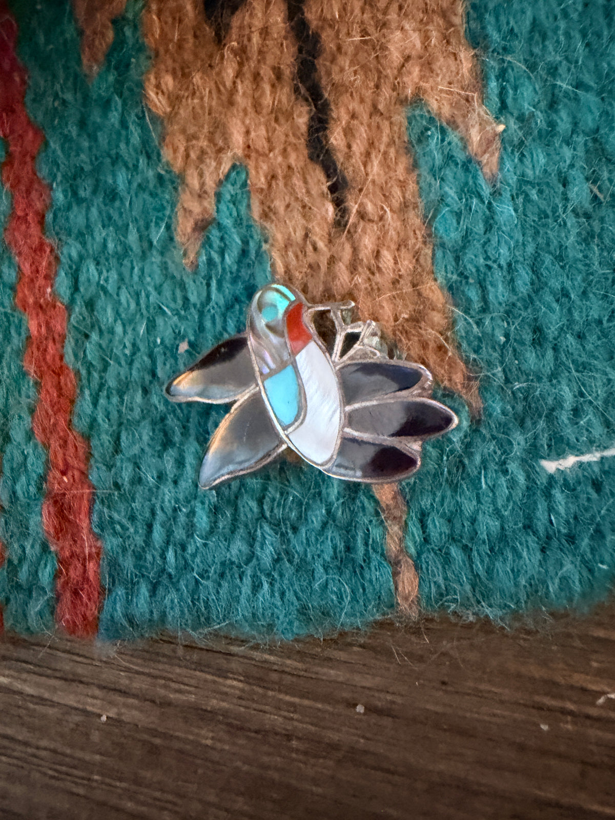Old Pawn Handcrafted Multi Stone & Sterling Silver Inlay Hummingbird Brooch