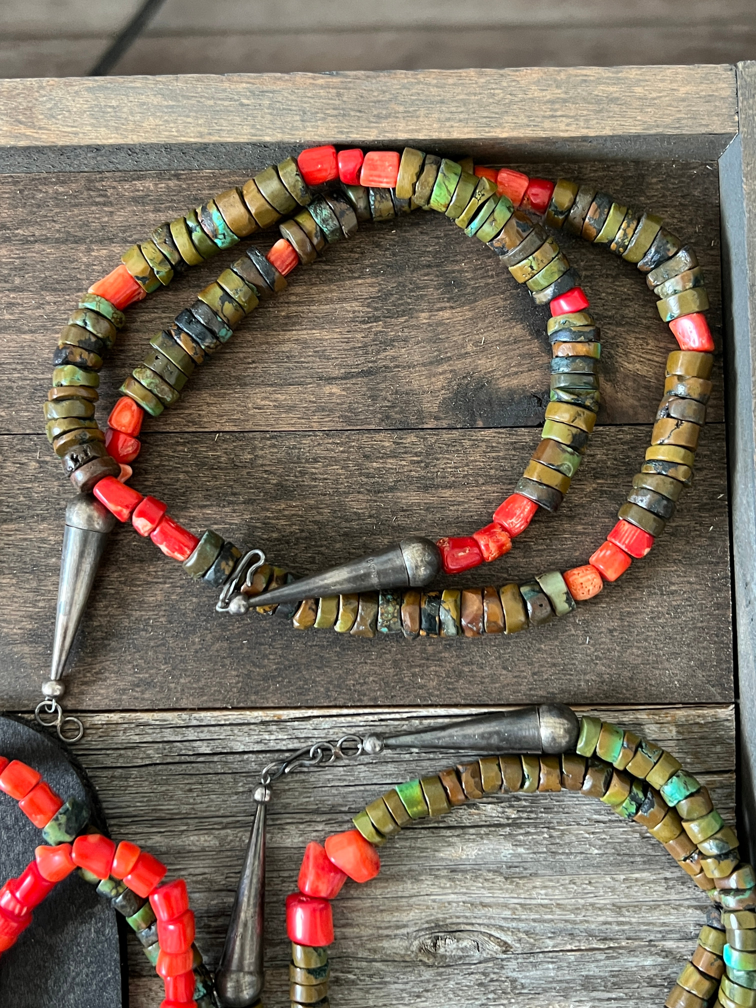Handcrafted Hubei Turquoise Beaded Necklace with Sterling Silver and Bamboo Coral by Kirby Smith: 13 To Choose From!