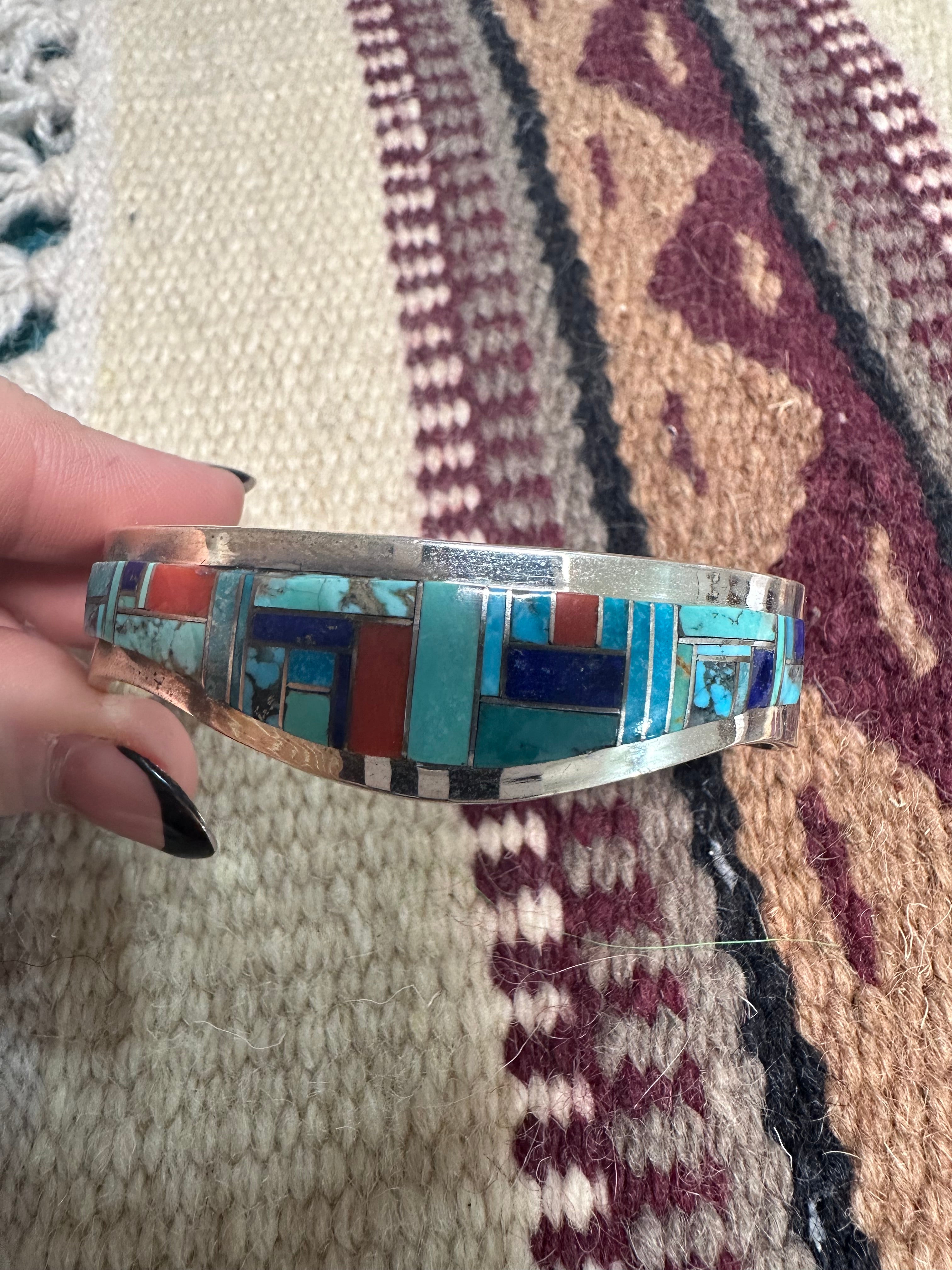 Handcrafted Multi Stone & Sterling Silver Inlay Cuff Bracelet Signed Patricia Becenti