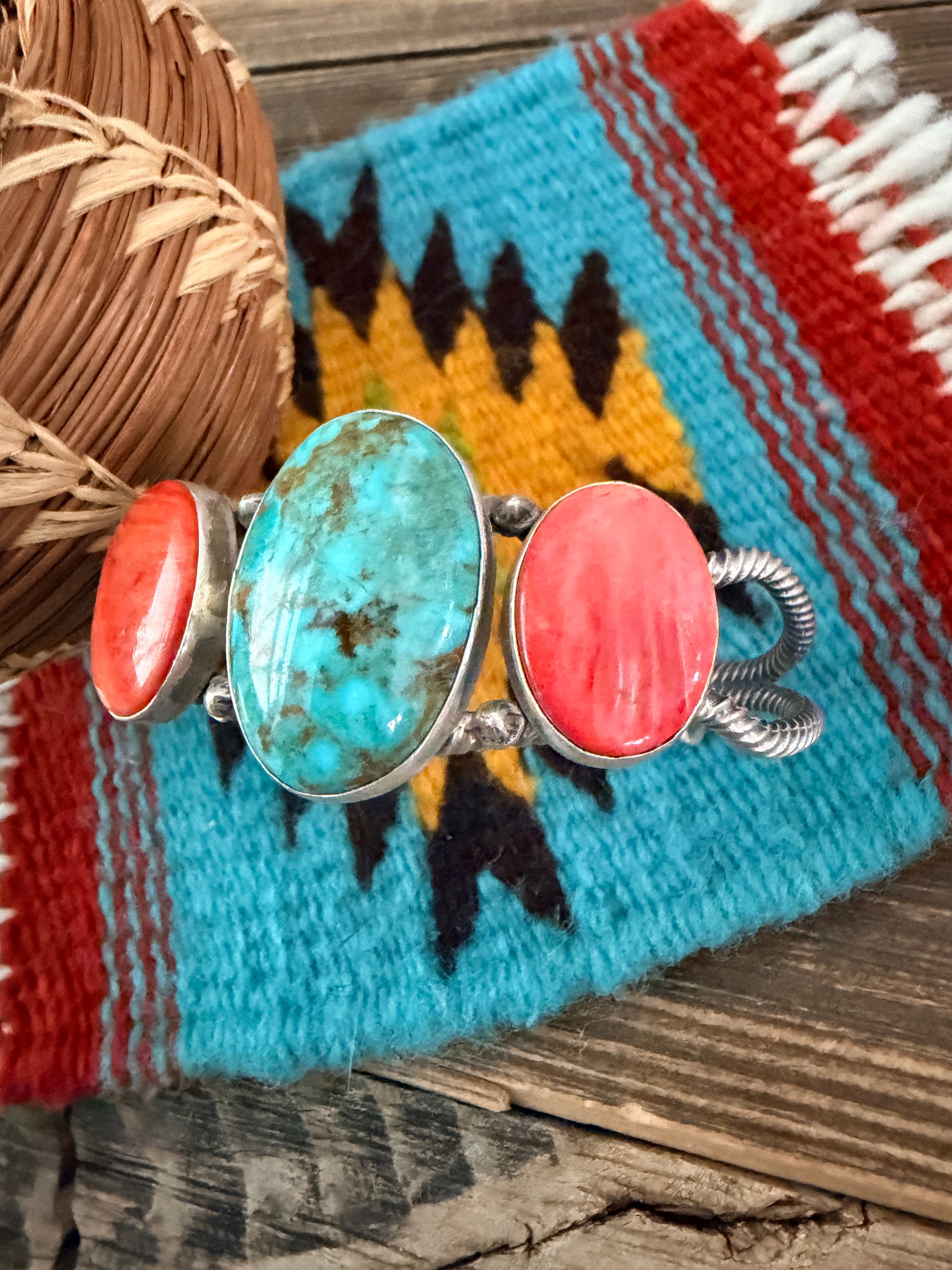 Handcrafted Spiny Oyster, Turquoise & Sterling Silver Cuff Bracelet by Patrick Yazzie