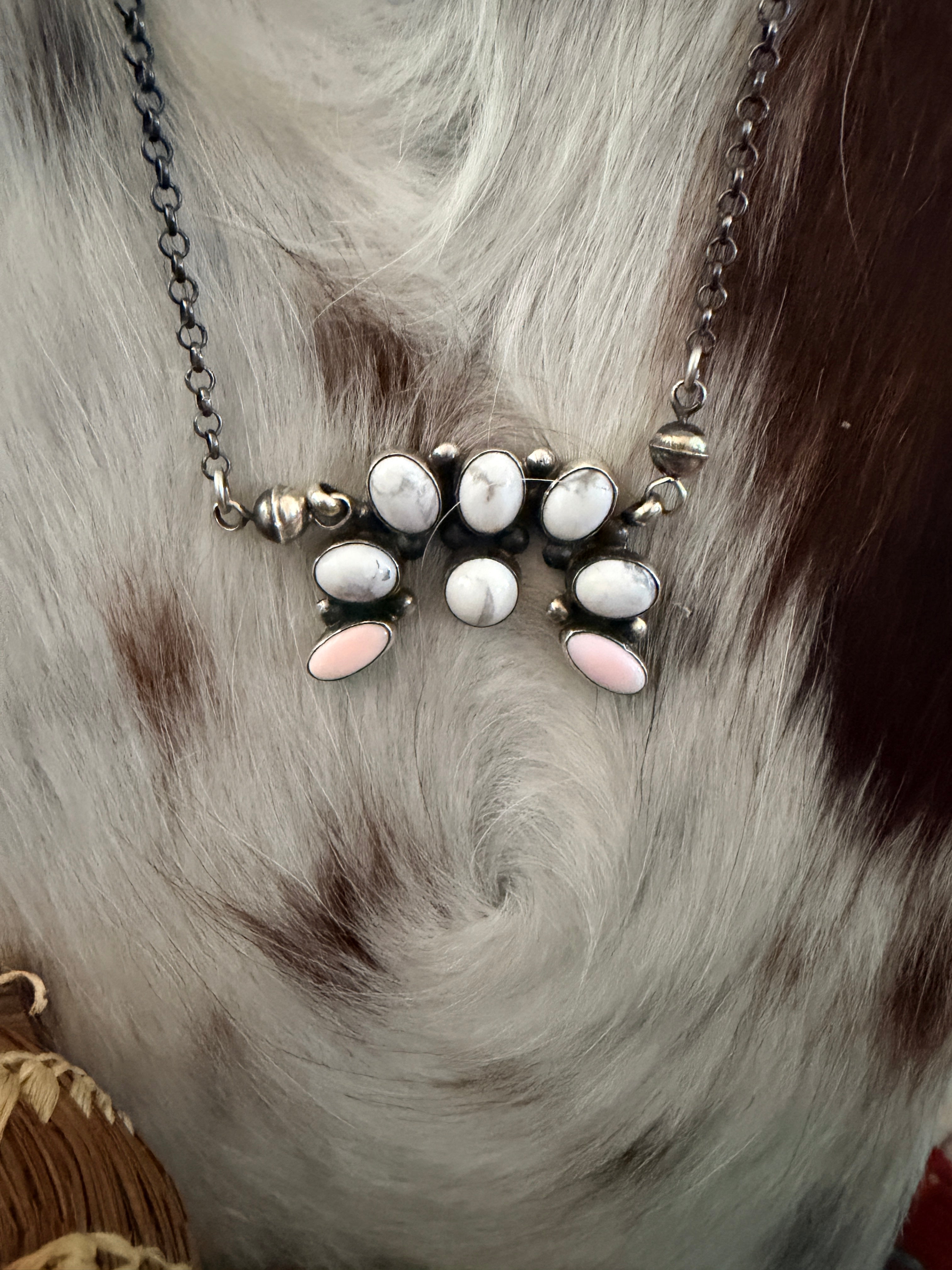 Handcrafted Queen Pink Conch, White Buffalo & Sterling Silver Naja Necklace by Jacqueline Silver